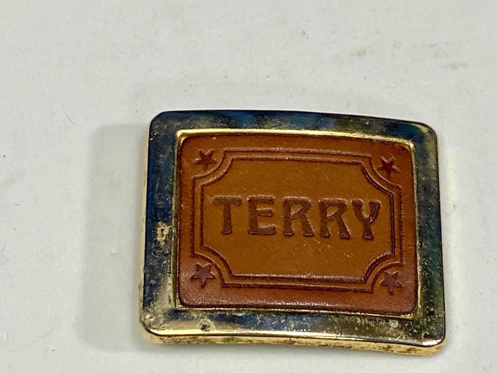 Vintage Leather Western Name Terry Belt Buckle 