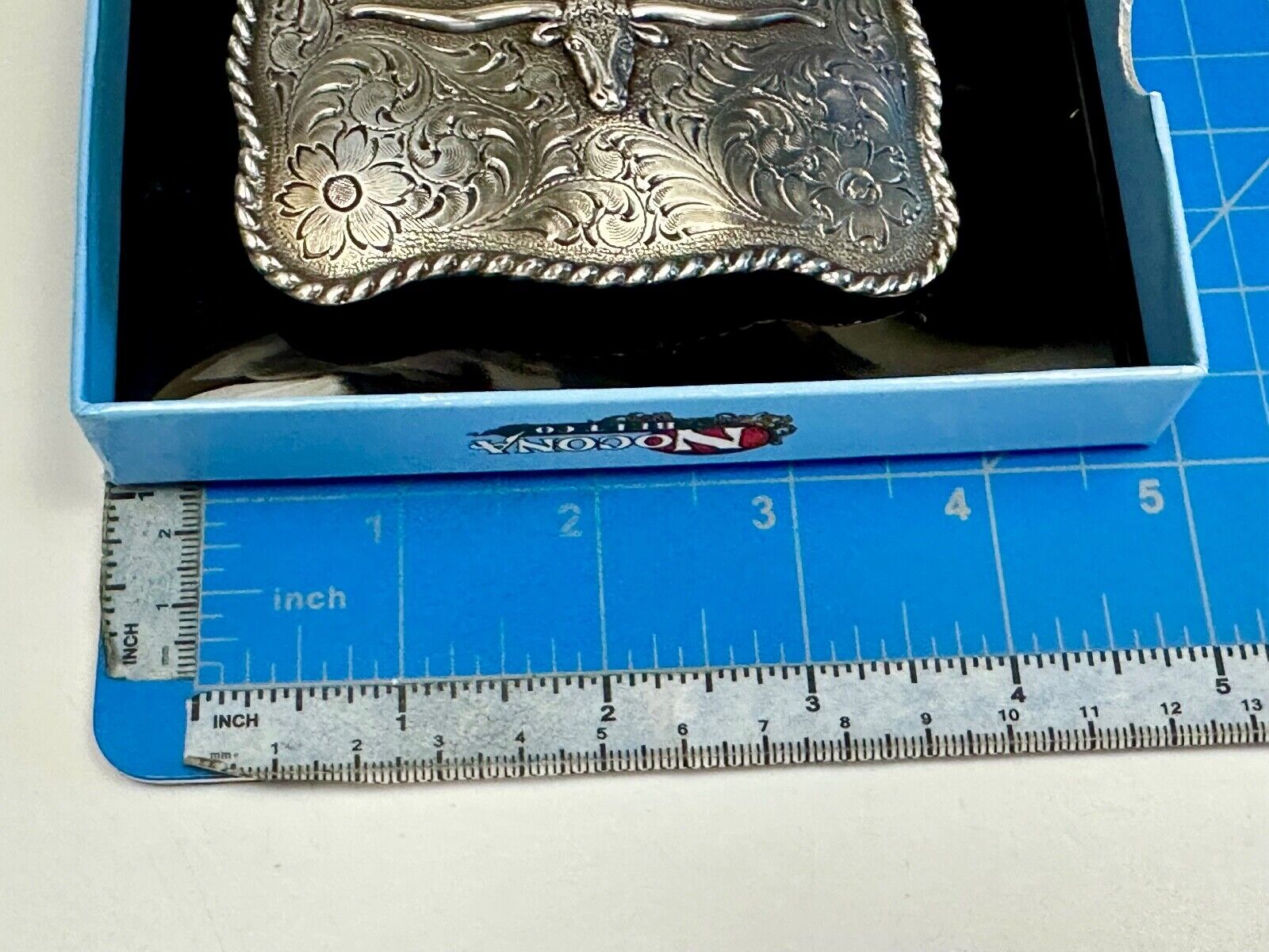 Texas Longhorn Steer Cowboy ornate flower swirl Nocona belt buckle in box