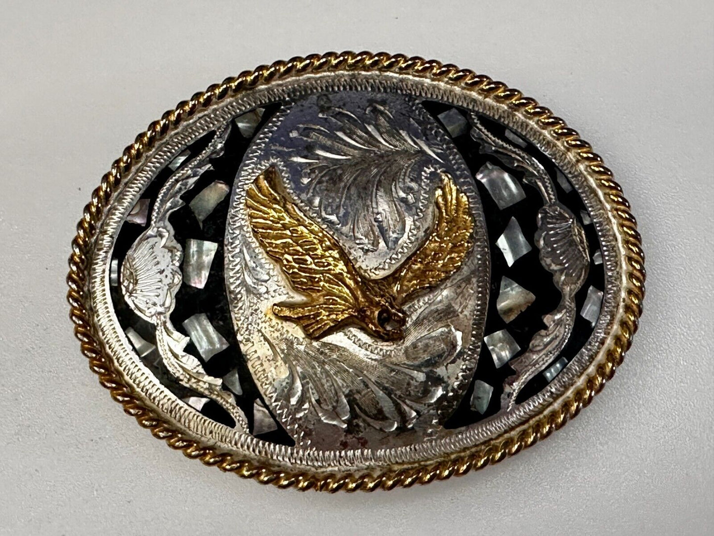 American Flying Hunting Eagle Abalone Shell Chunks Alpaca Mexico Belt Buckle