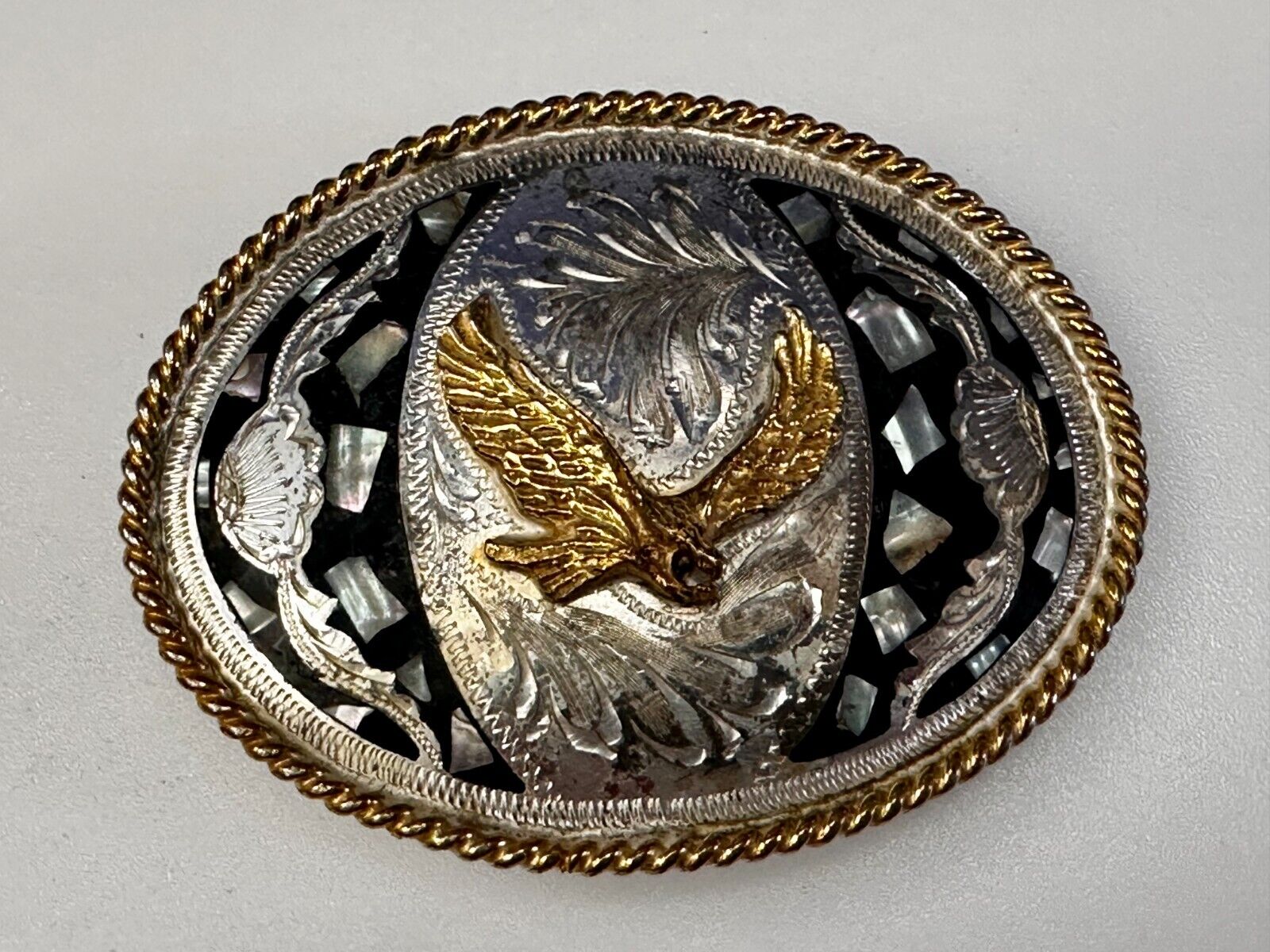 American Flying Hunting Eagle Abalone Shell Chunks Alpaca Mexico Belt Buckle