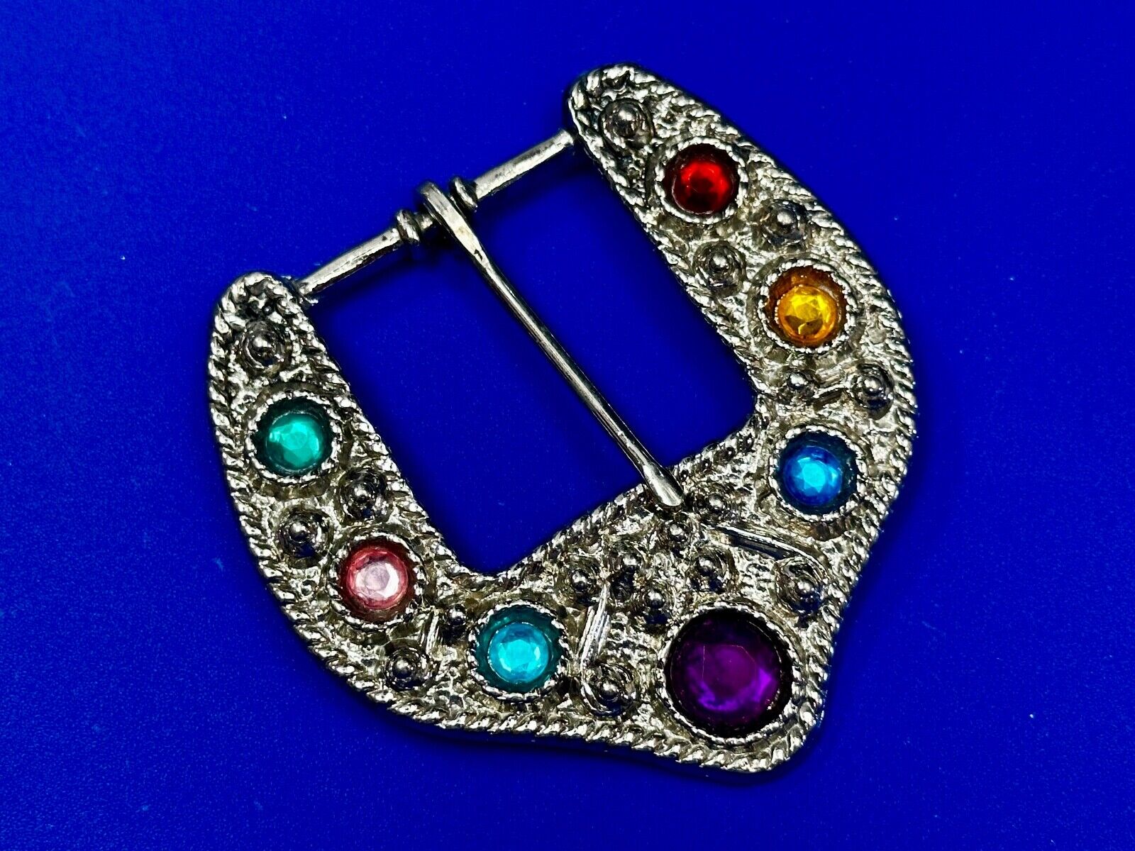 Unique Silver tone Replacement Belt Buckle w/ multi colored Rhinestone accents