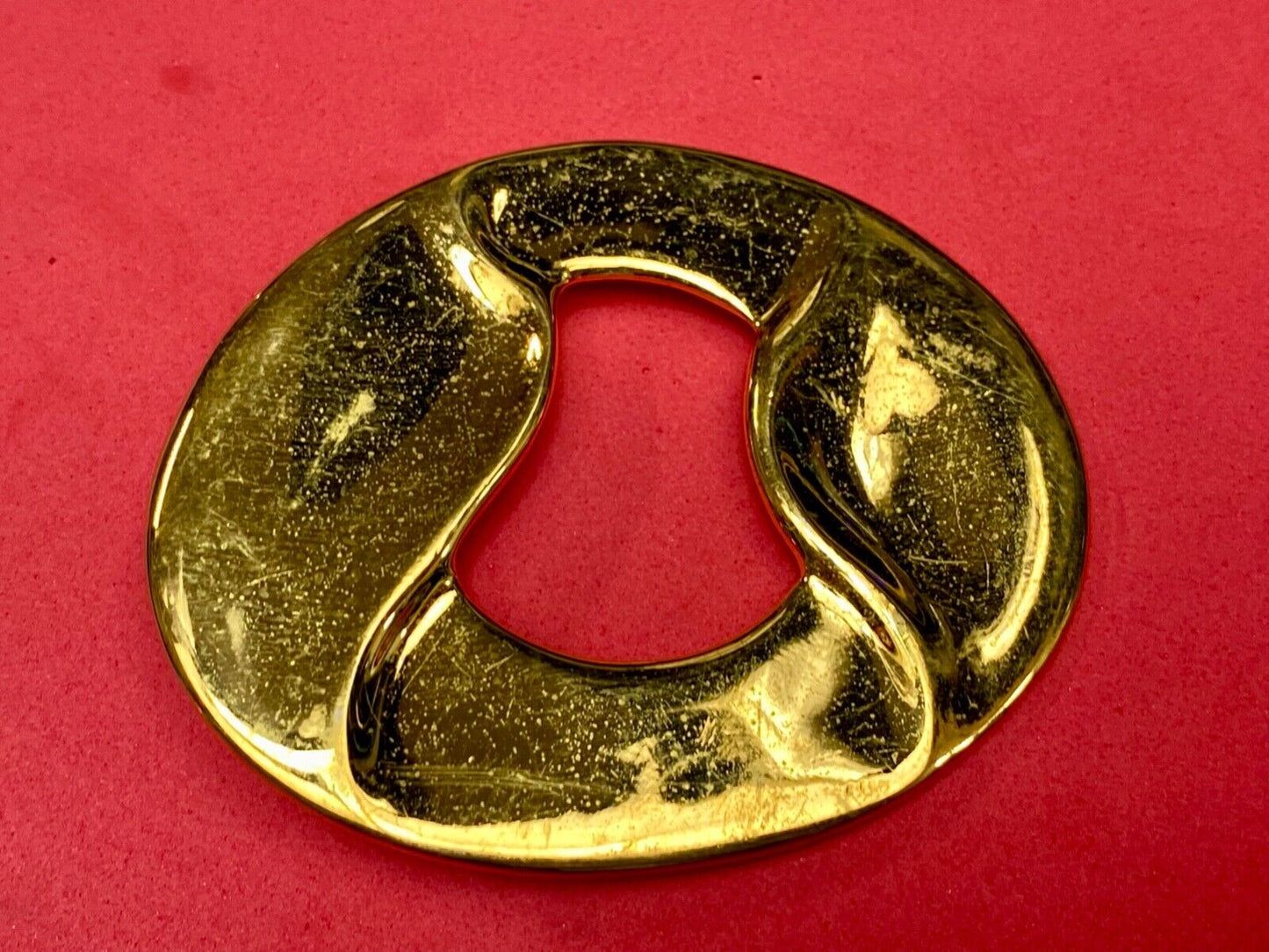 Artist Ginnie Johansen signed gold color abstract oval scarf slide