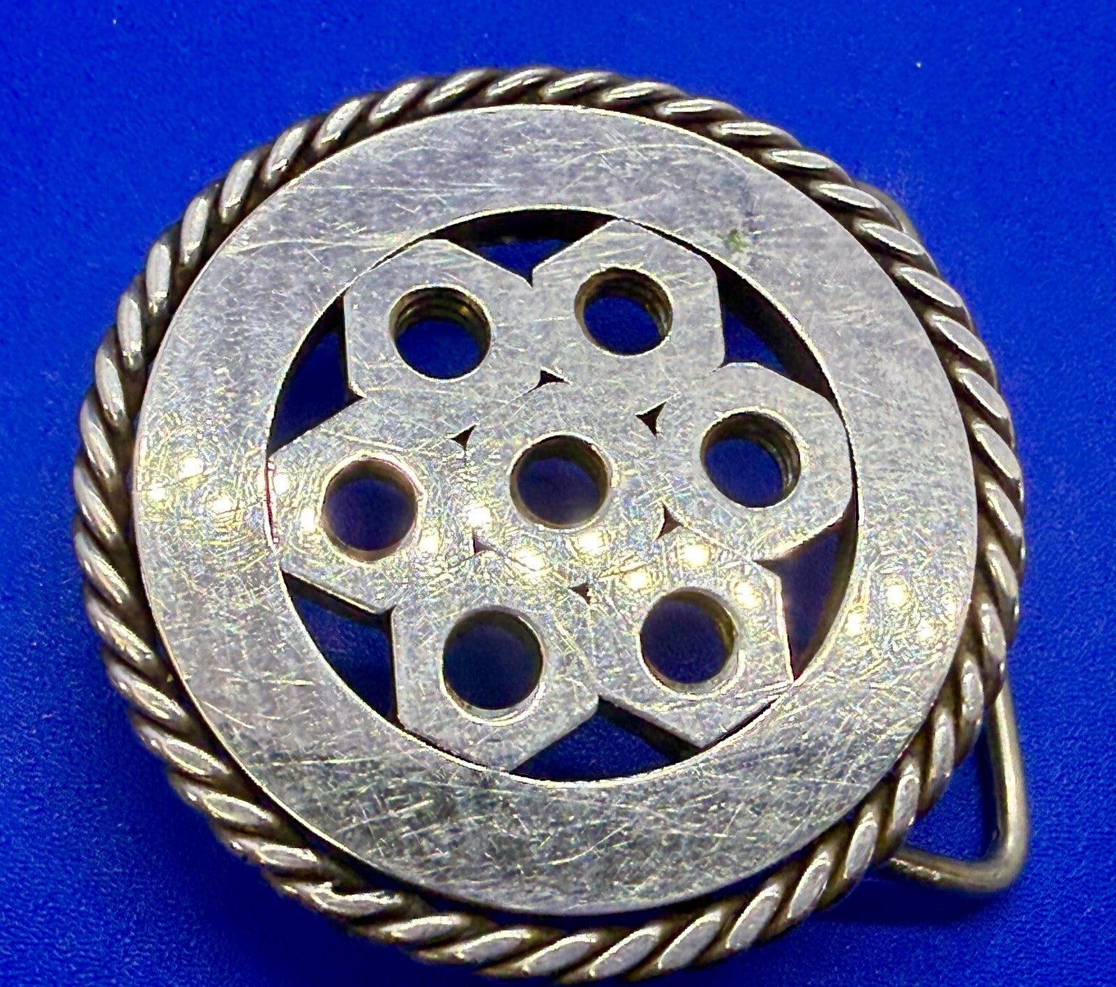 Artisan Welder's Art Handmade Abstract Open Work Round Silver Color Belt Buckle