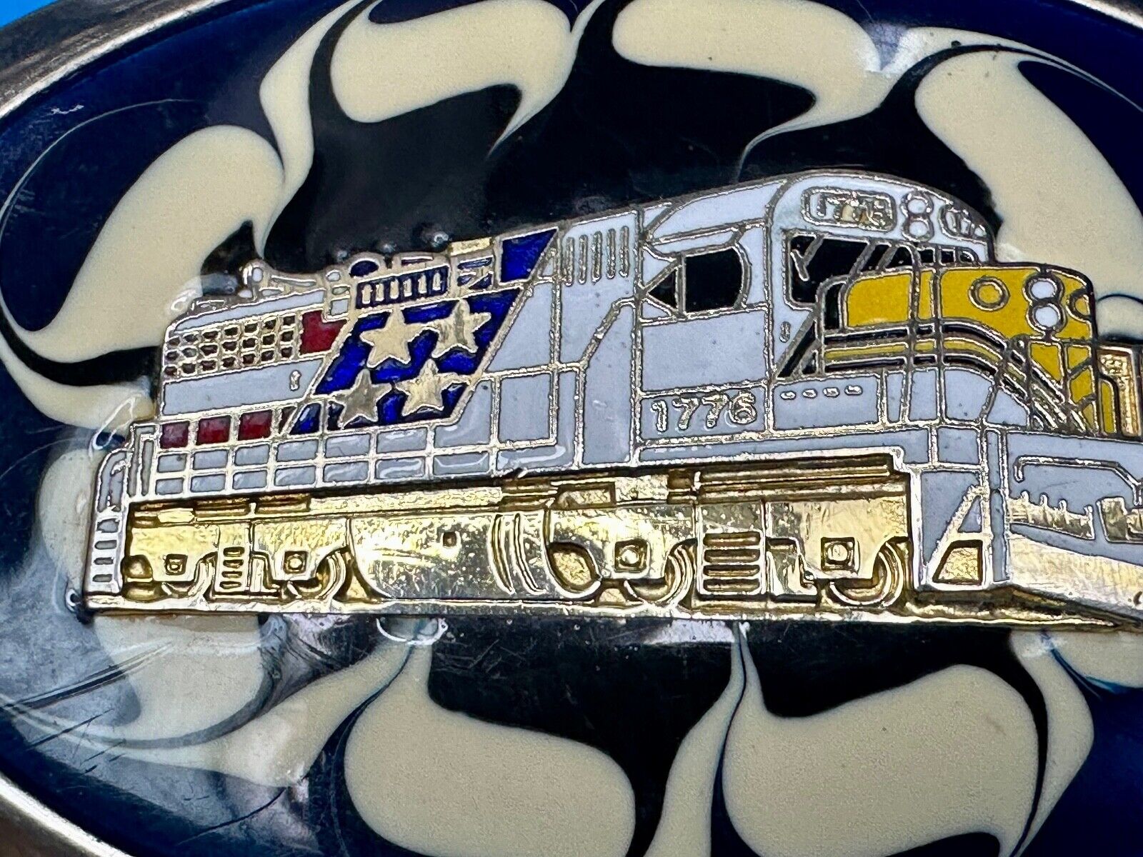 Artisan Trail Car Engine on retro swirl background Vintage Oval Belt Buckle