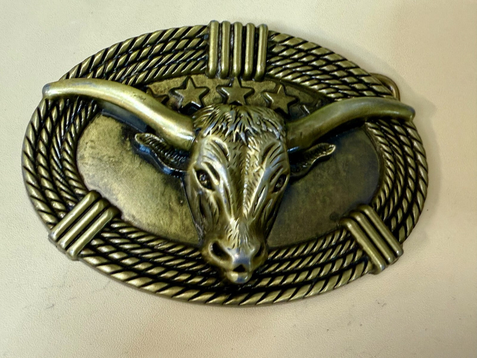 3D Longhorn Bull Head with Stars Rope Border Western Rodeo Cowboy Belt Buckle