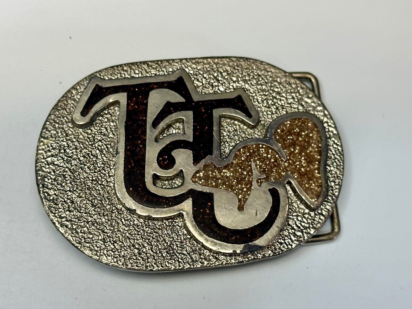 TT Ranch western inlaid enamel symbol emblem Vintage rodeo Cowboys Belt Buckle