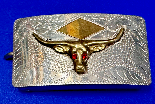 Antique Longhorn Vintage Silver & Gold Tone? Engraved Belt Buckle  Red Ruby Eyes
