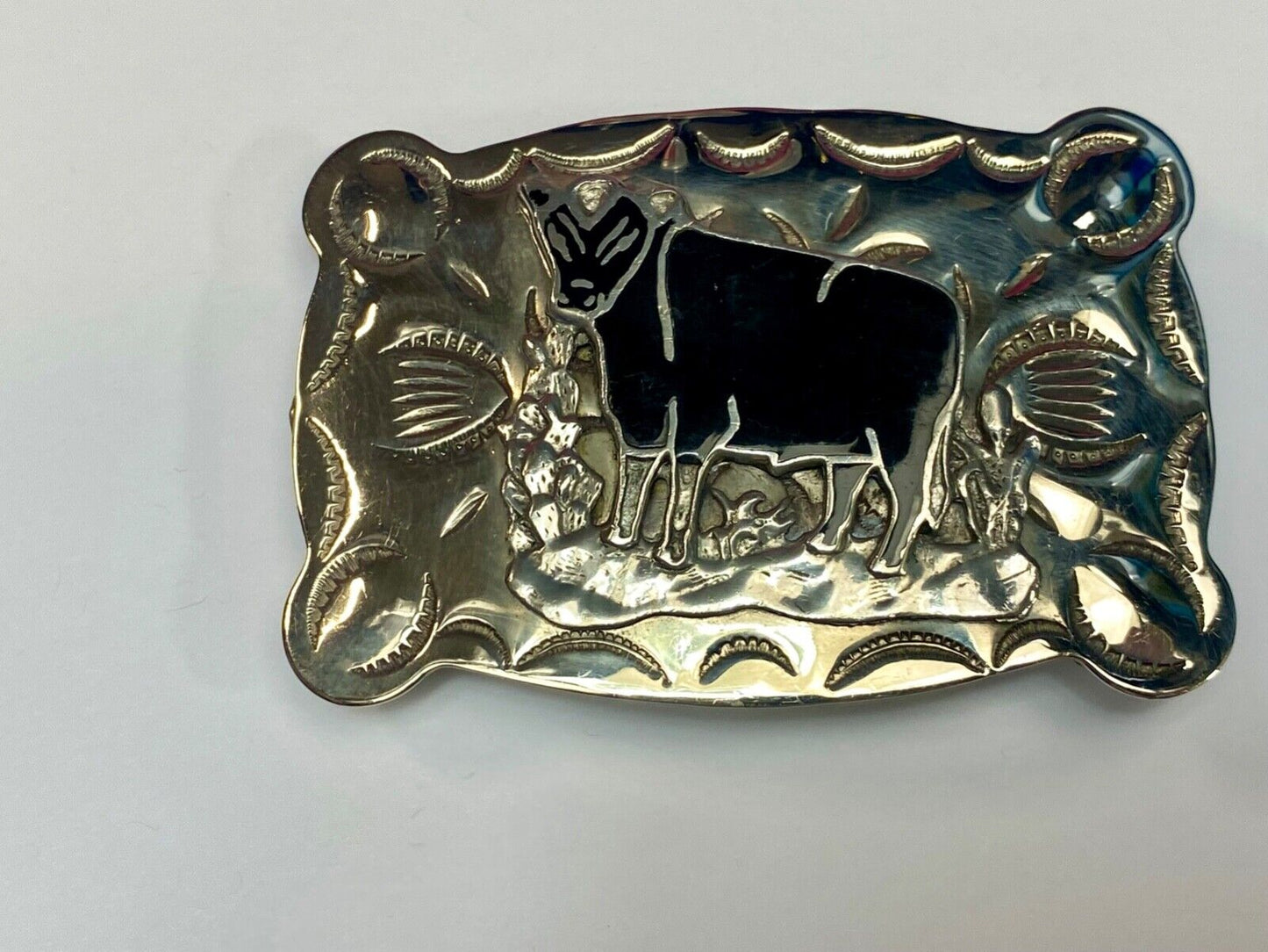 Vintage  COW BULL - Tex - Tan Nickel Silver Western belt buckle
