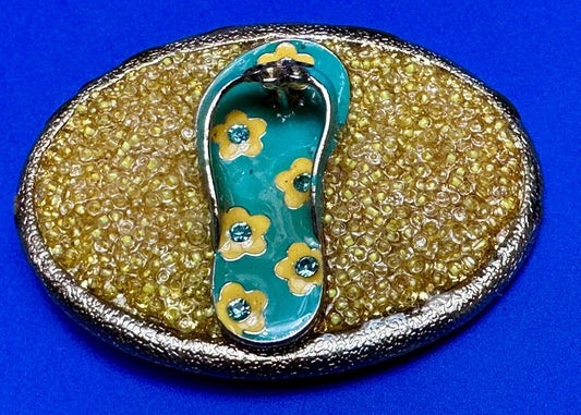 unique flip flop on sand - beach girls artisan belt buckle - missing stones?