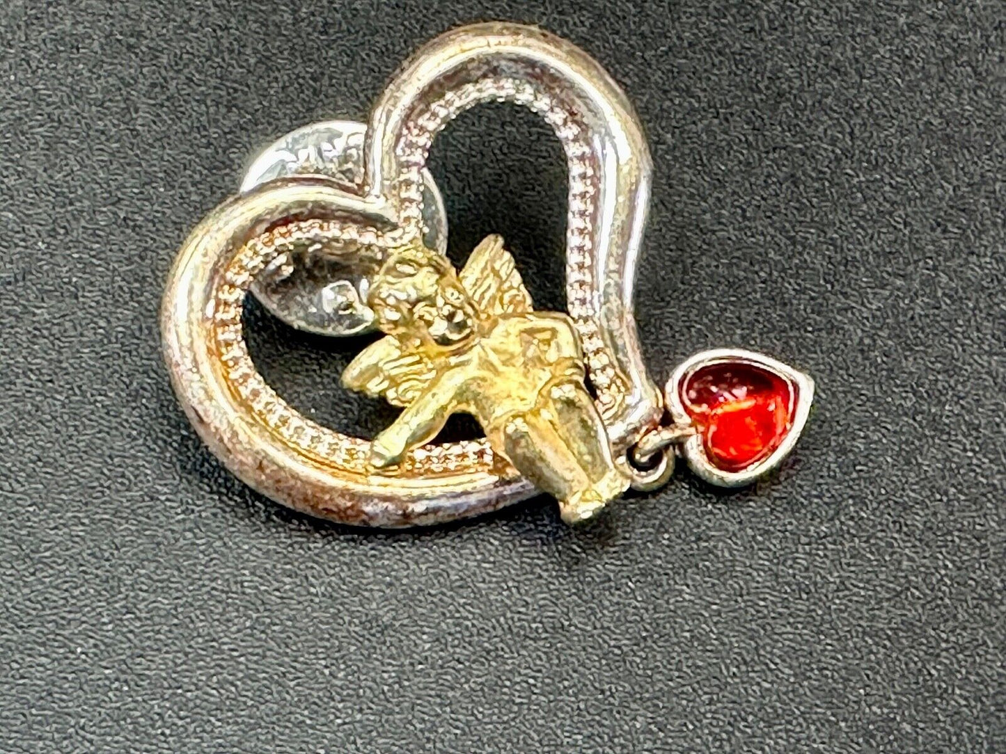 Angle Sitting in Heart Shaped Brooch pin with red heart dangle charm