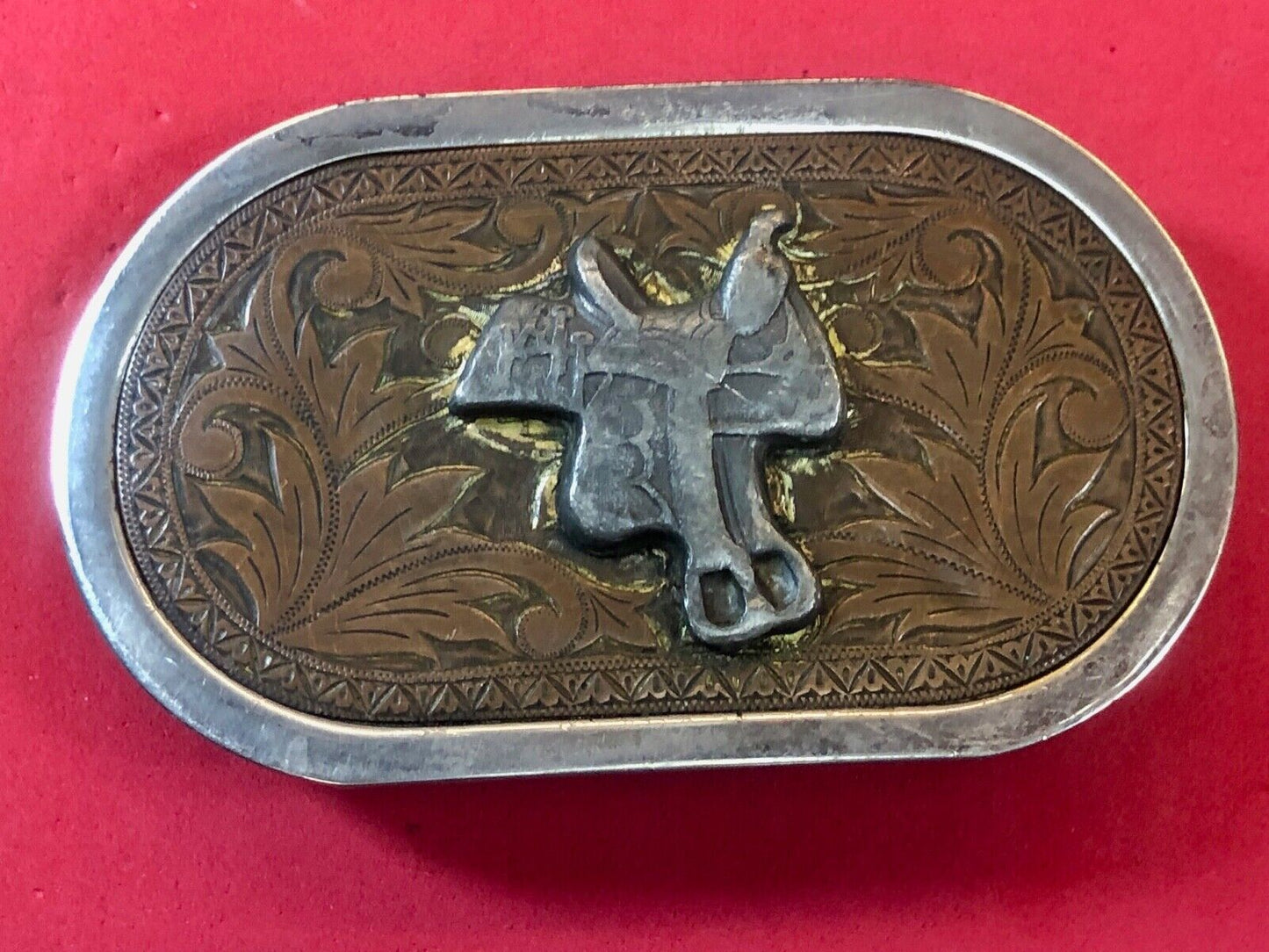 Vintage Horse saddle western belt buckle Nickel plate 