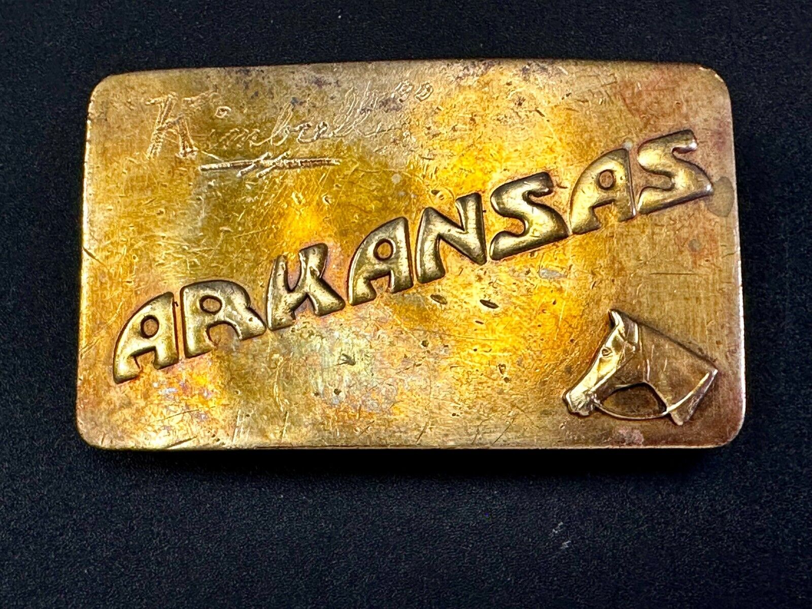 ARKANSAS State Horse Head BrassTone Commemorative Vintage Belt Buckle