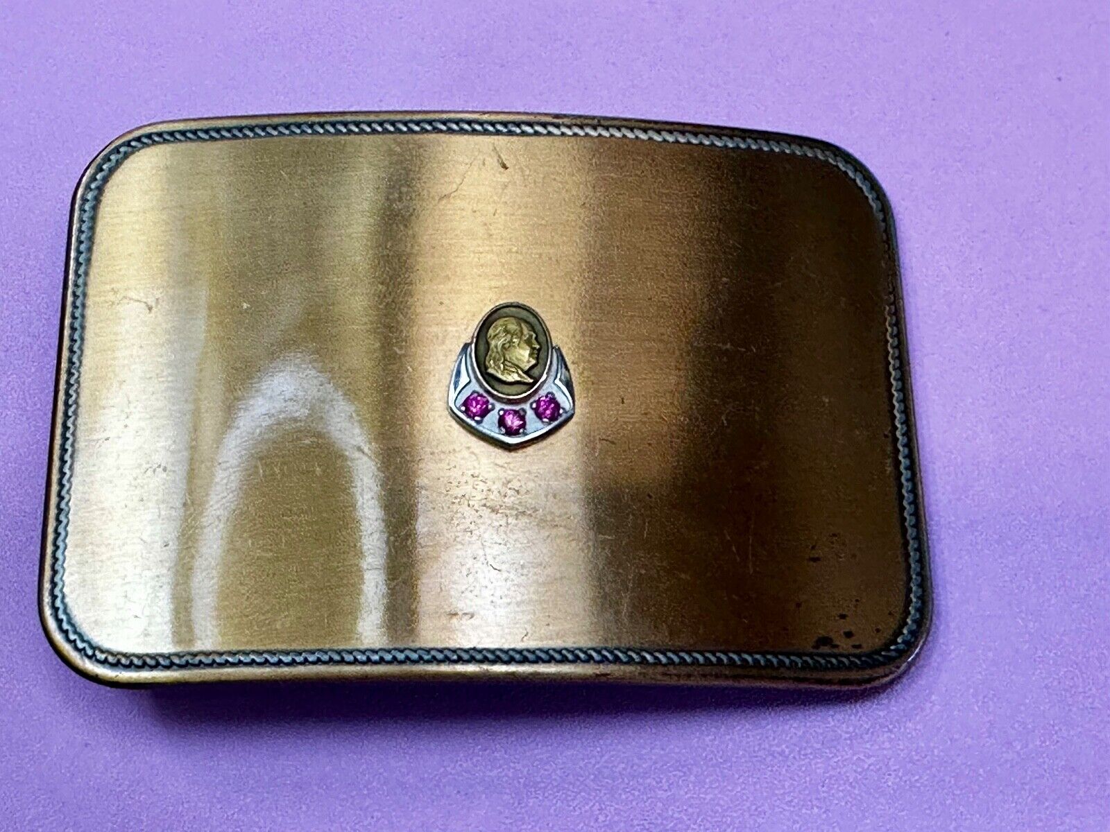 Vintage 10K Gold Benjamin Ben Franklin Centerpiece Belt Buckle with 3 ruby's