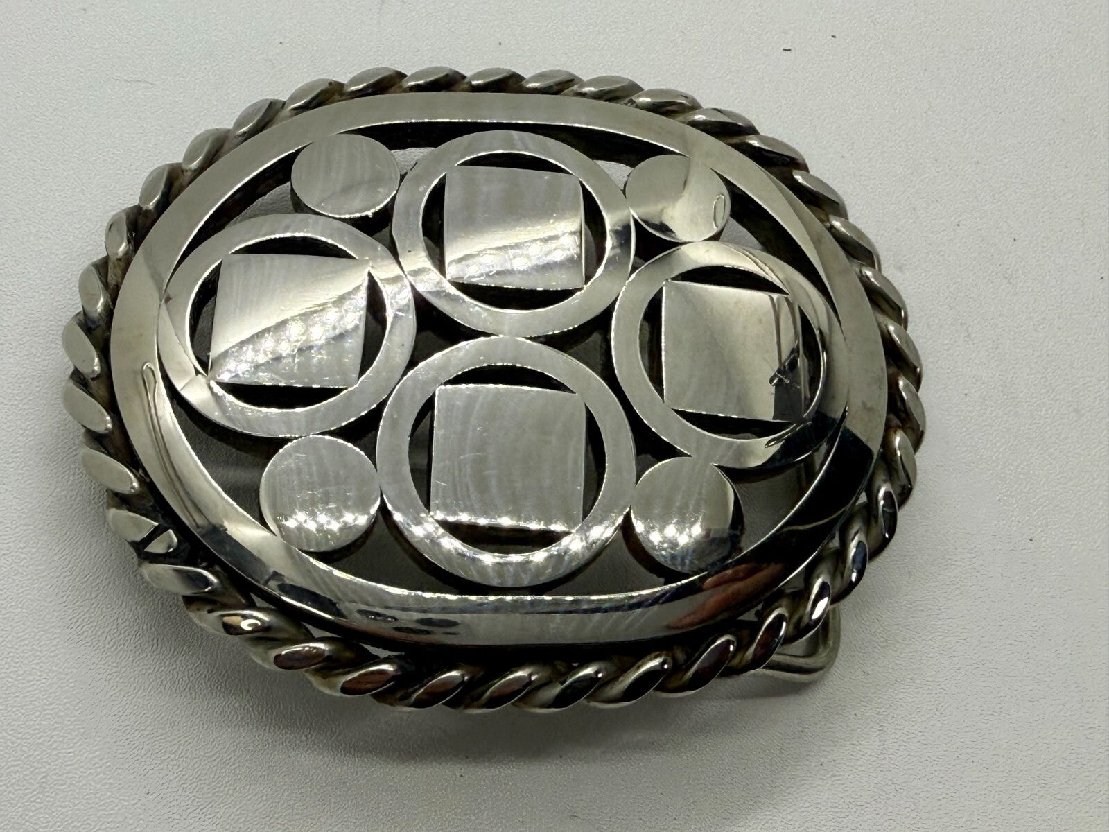 Artisan Welder Art Abstract Open Work Circle Square Pattern Vintage Belt Buckle