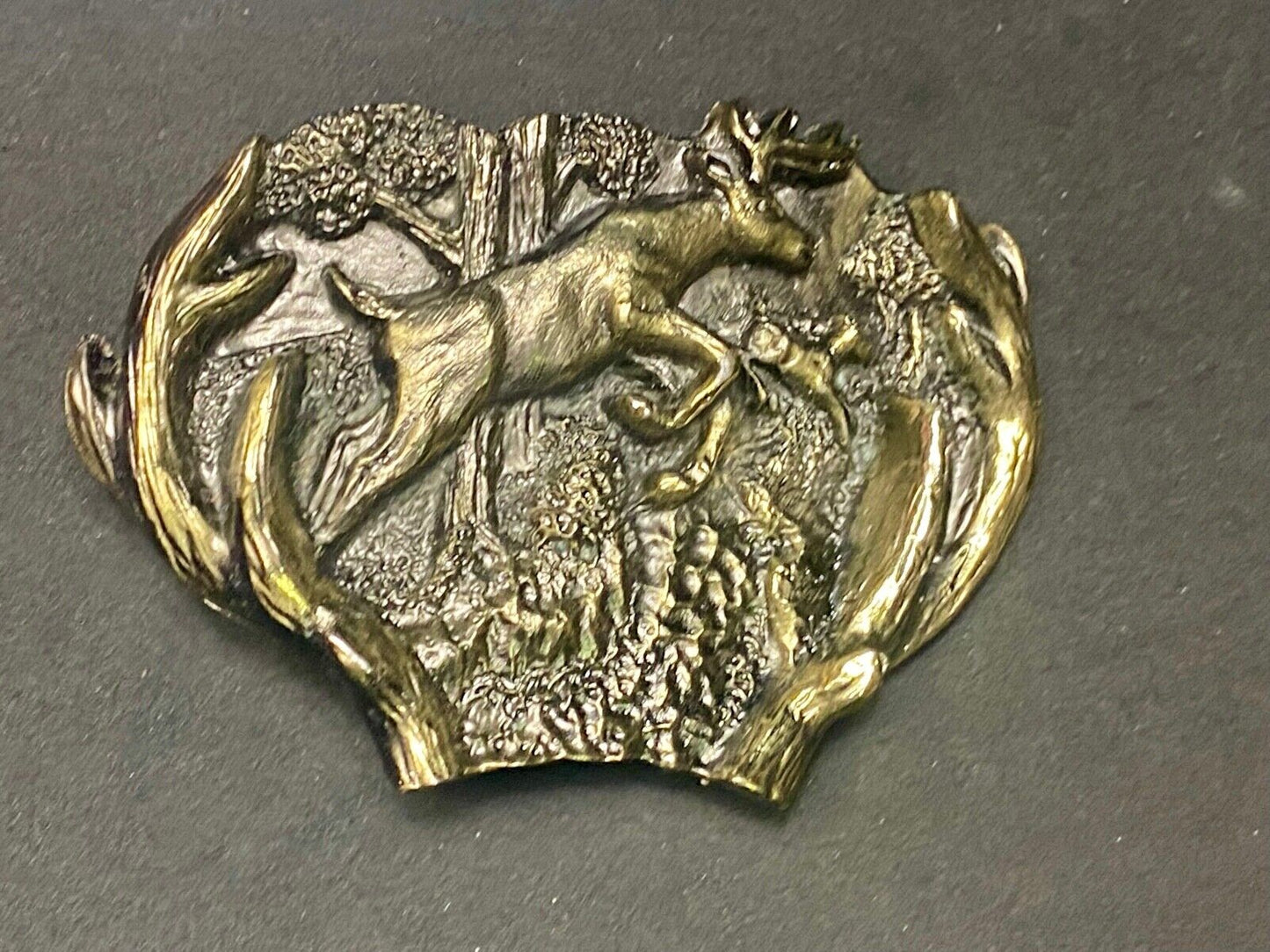 3D Buck Deer & Doe in woods - Vintage Belt Buckle 1982 Great American Buckle Co.