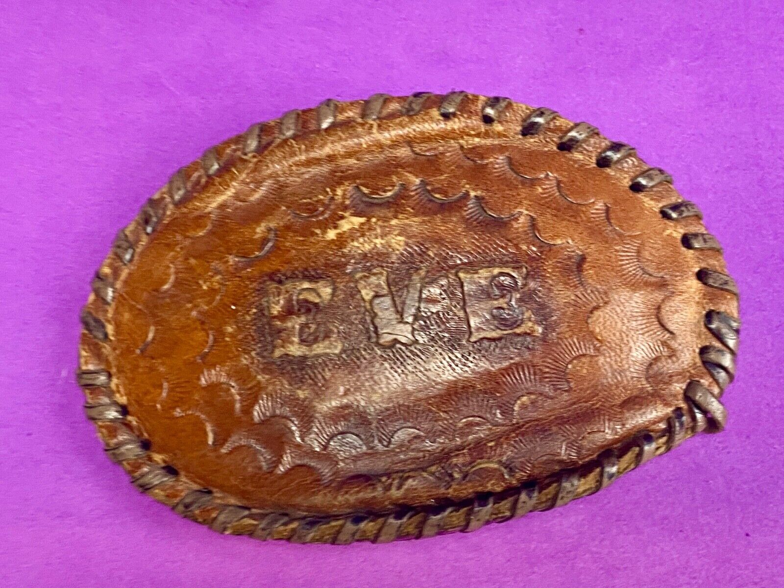 Vintage Leather stitched artisan? Name EVE personalized western belt buckle 