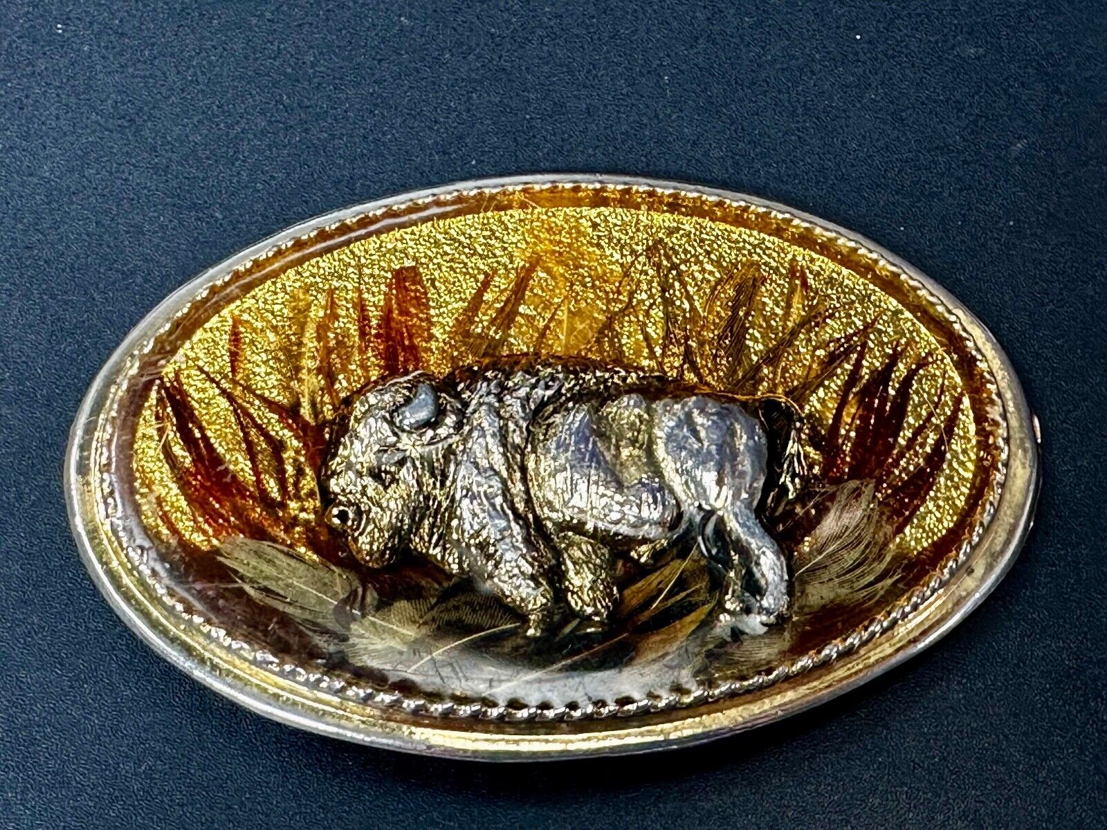 3D Buffalo in wheat grass - Raised from gold tone Vintage Belt Buckle