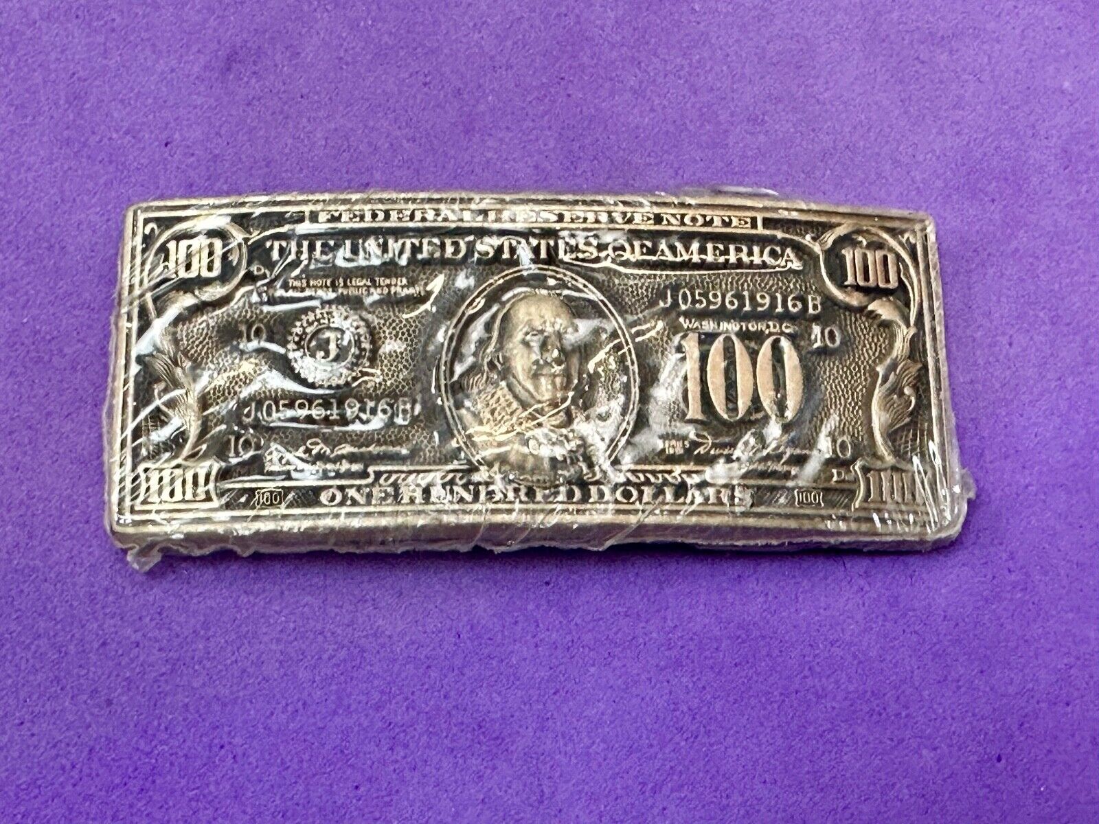 100 Dollar Bill Benjamin Solid Brass NOS Belt Buckle by Award Design Medals