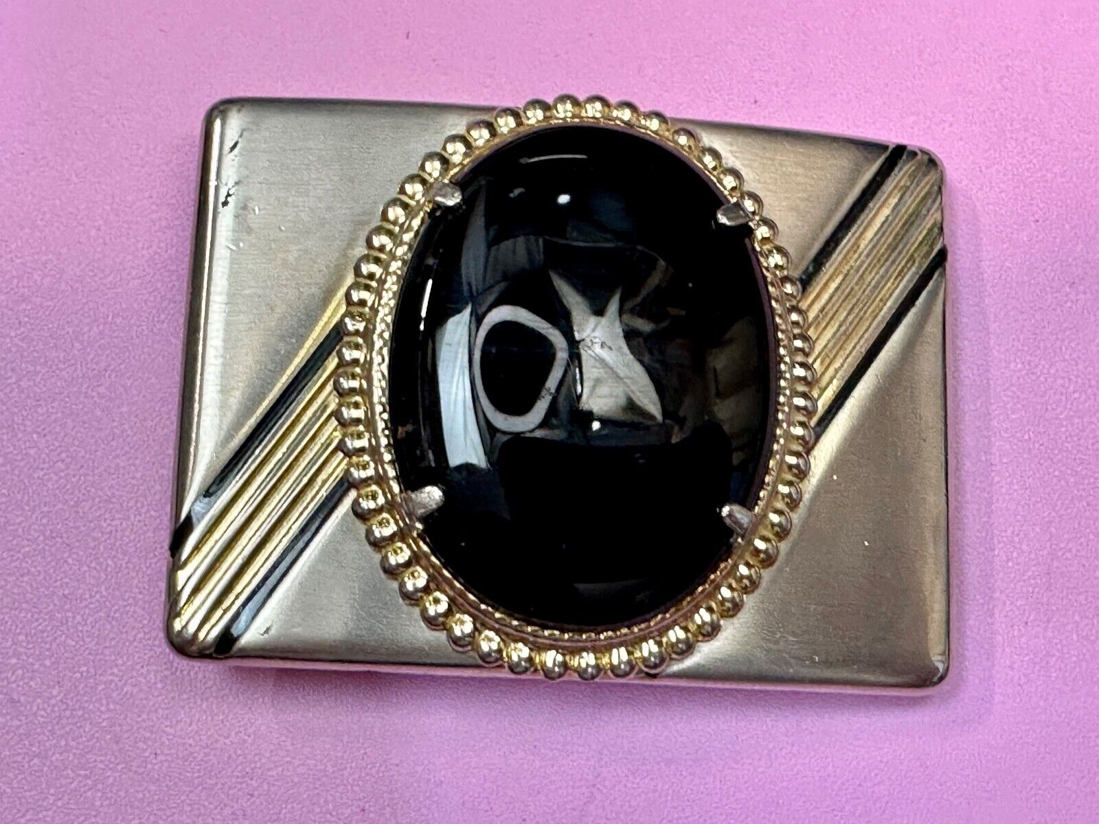 BALCK AGATE Cabochon Stone Centerpiece on retro sideways striped Belt Buckle