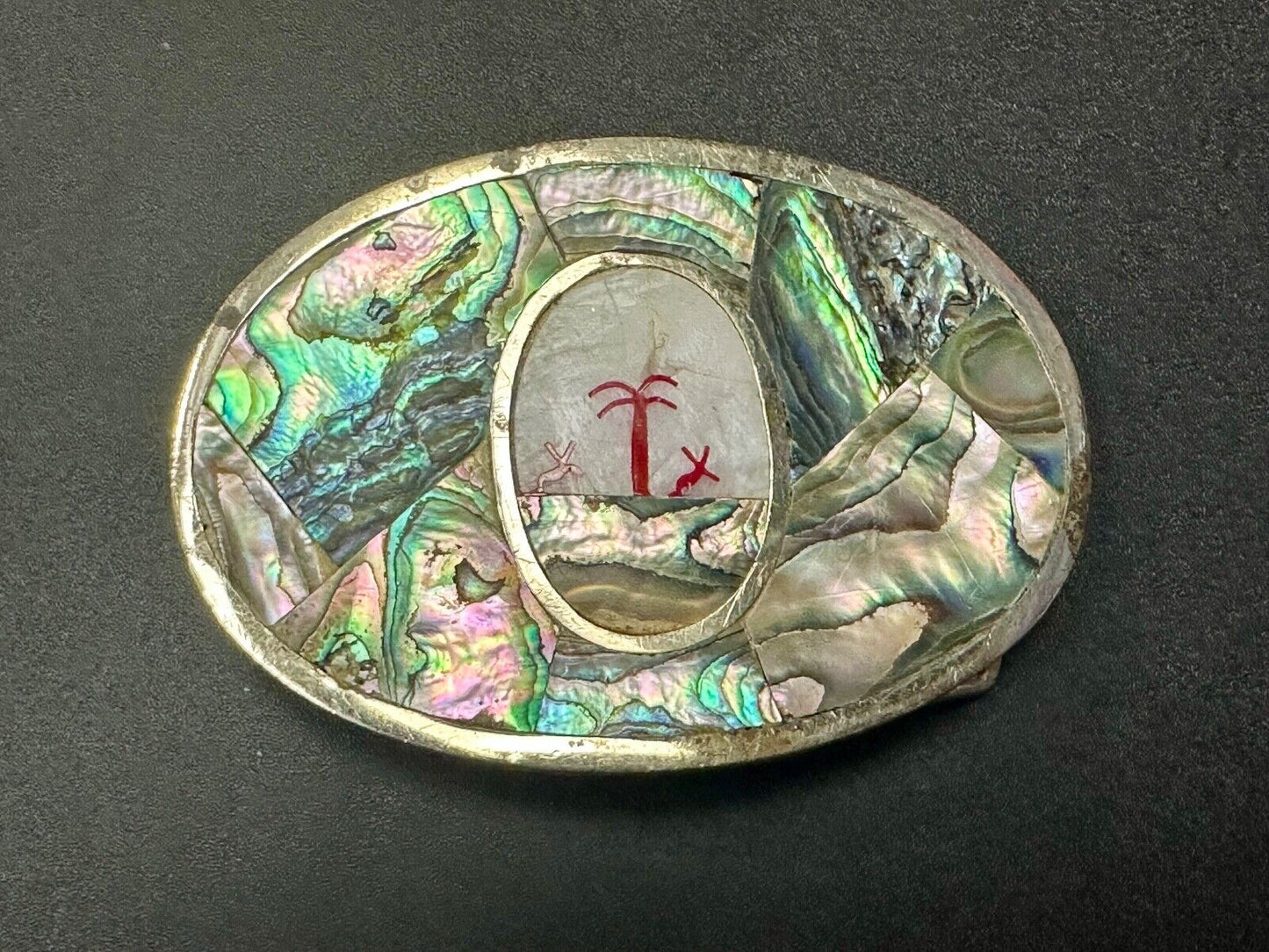 Abalone Shell Ocean Theme Palm Trees  3.5" wide Oval belt buckle from Mexico