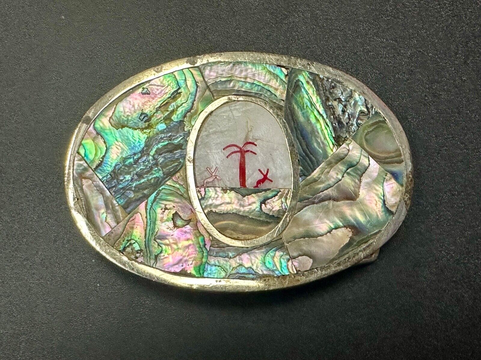 Abalone Shell Ocean Theme Palm Trees  3.5" wide Oval belt buckle from Mexico