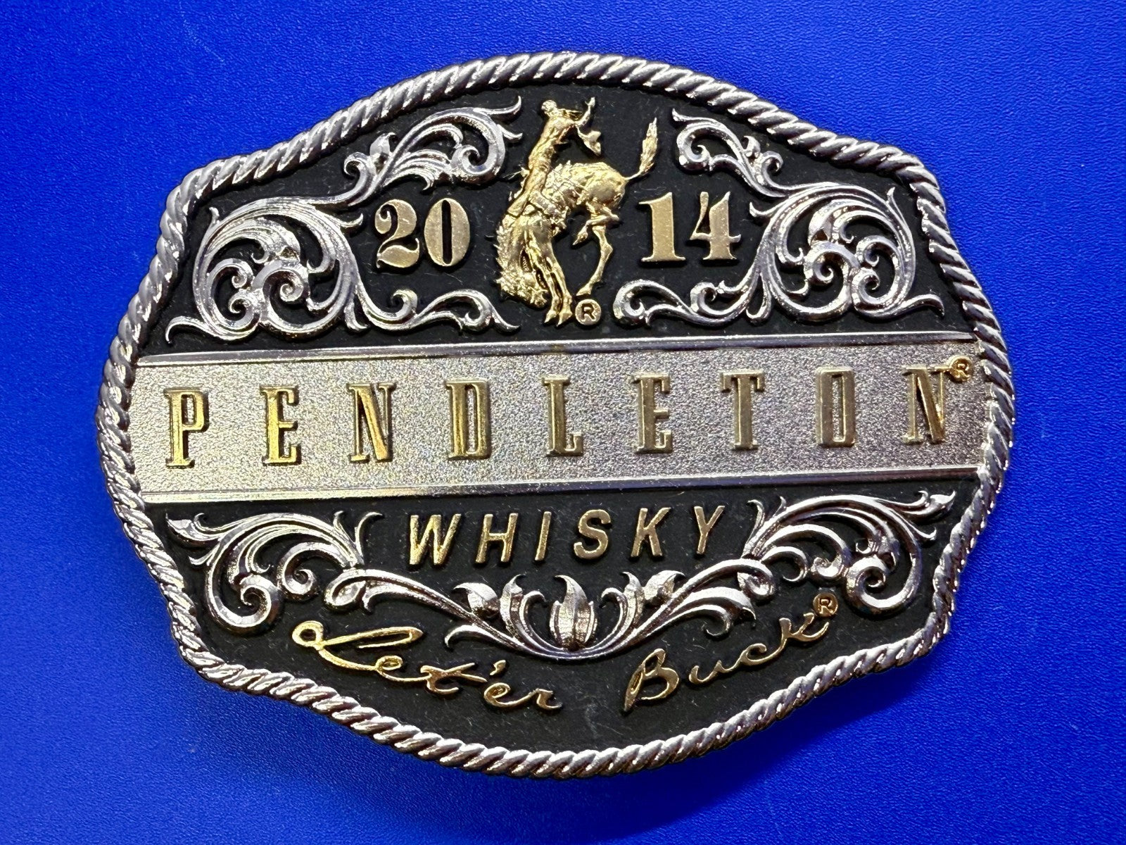 2014 Pendleton Whiskey Let'er Buck Rodeo Cowboy Montana Silversmiths Belt Buckle