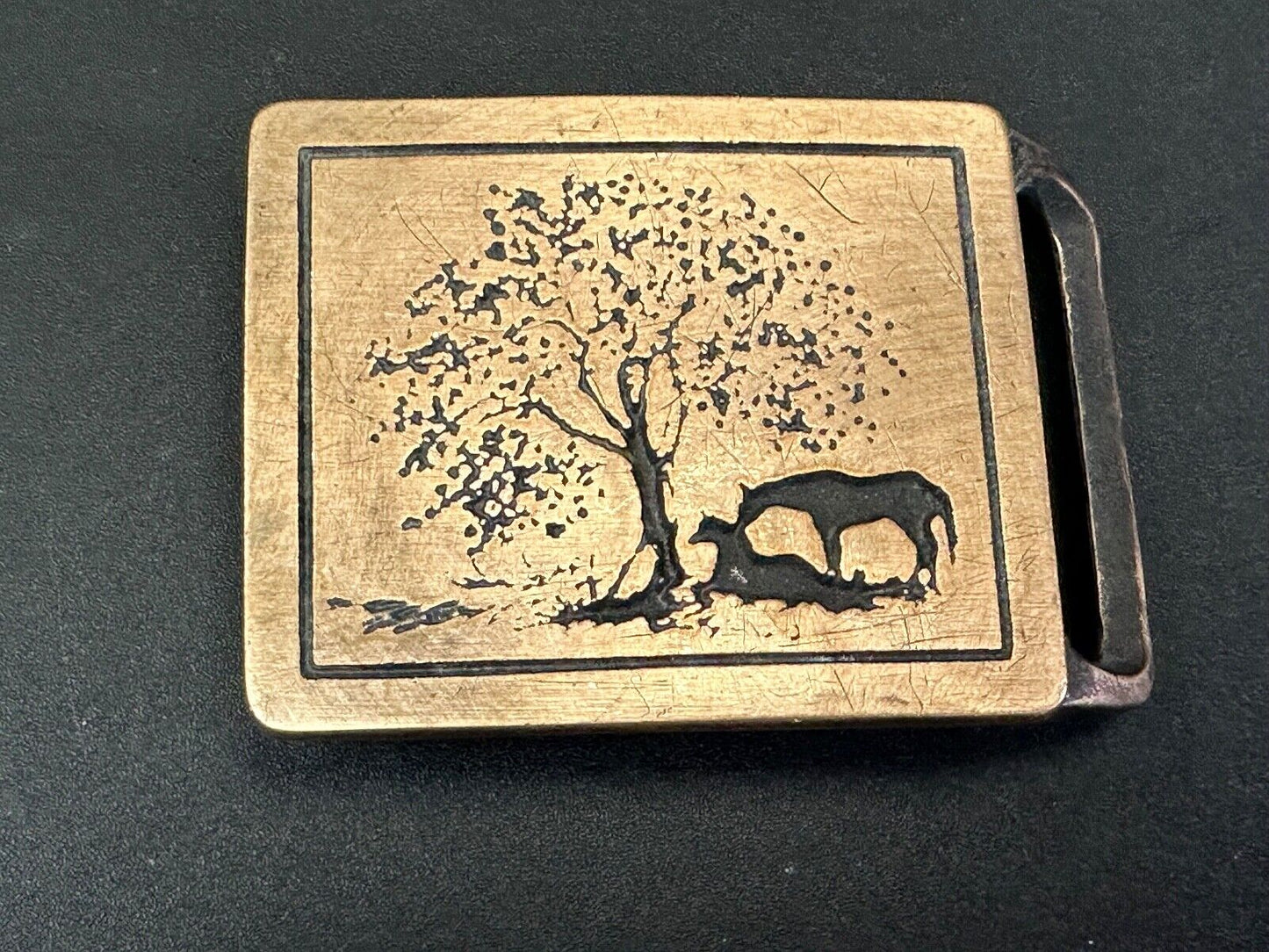 TWO HORSES - under tree  TECH-ETHER GUILD ART Hippy  solid brass belt buckle