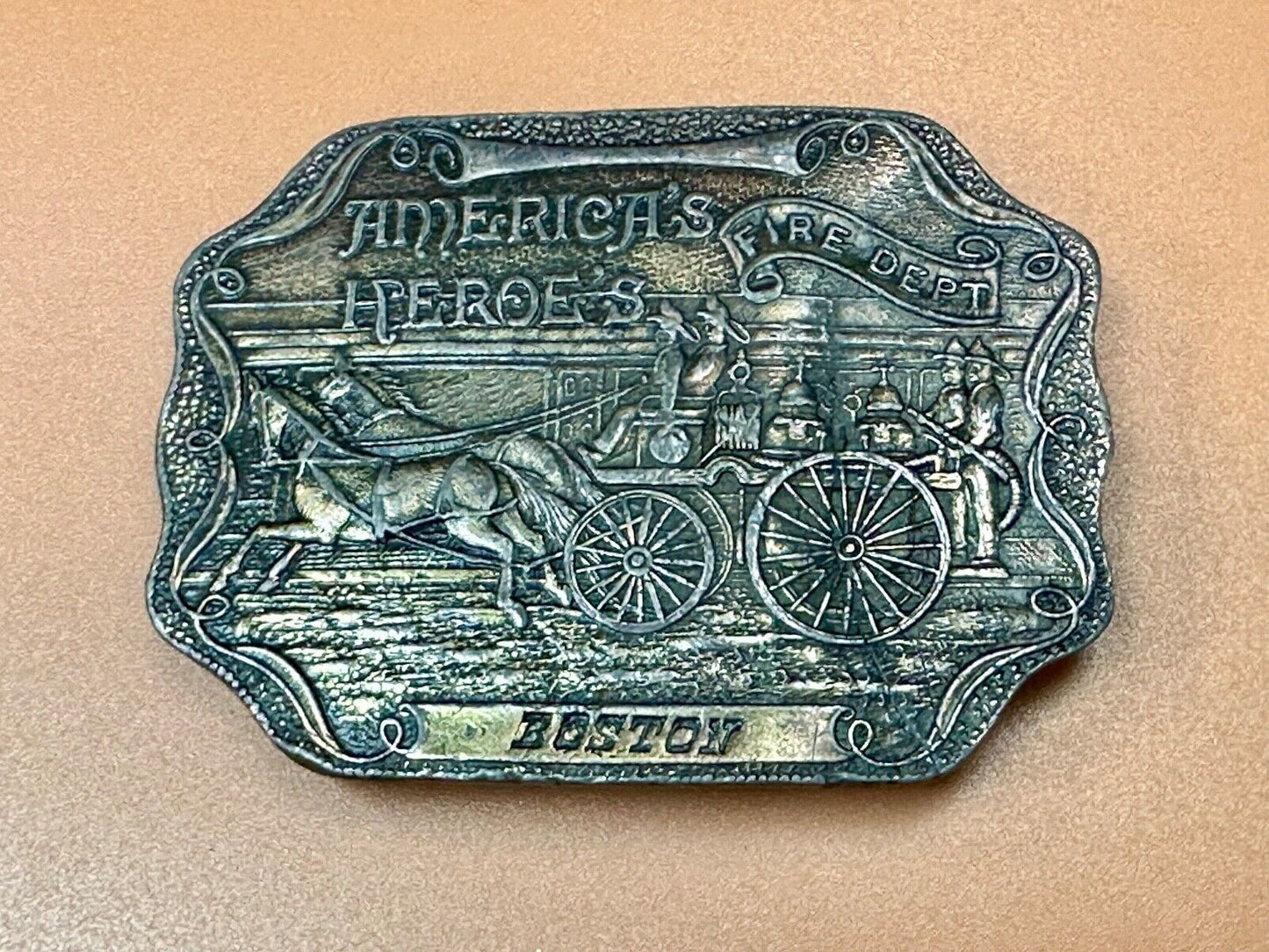 America's Heroes Fire Dept Boston Brass Tone Belt Buckle Horse Wagon