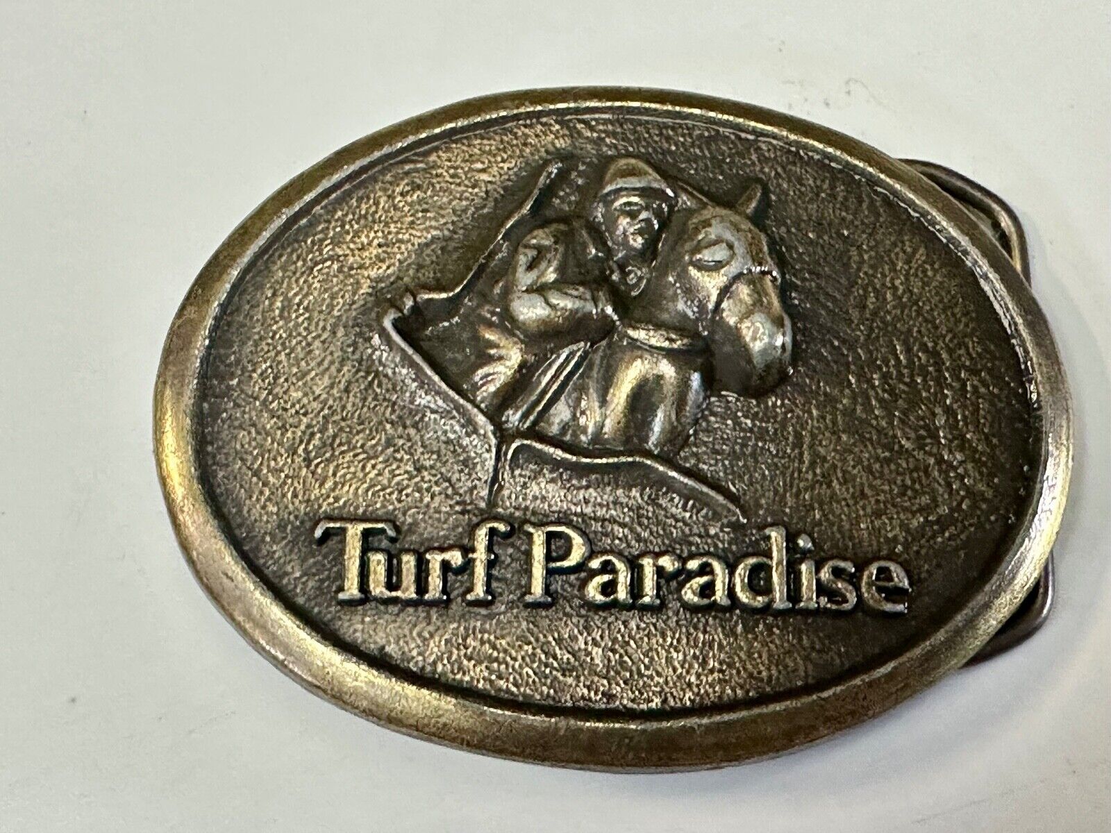 TURF PARADISE ARIZONA HORSE RACING TRACK VINTAGE BRASSTONE BELT BUCKLE