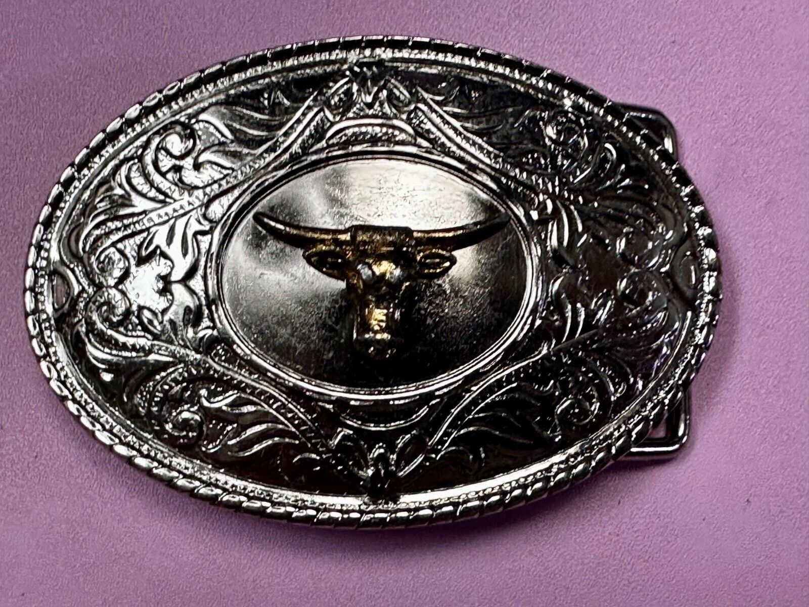 Texas Longhorn Vintage Ornate Cowboys Cowgirls Western Two Tone Belt Buckle