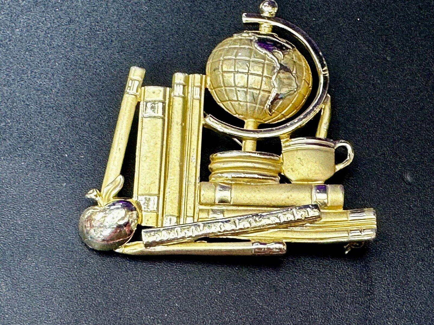 Teacher Gift!  Globe Books Apple Ruler Gold Tone Brooch Pin Vintage by AJC