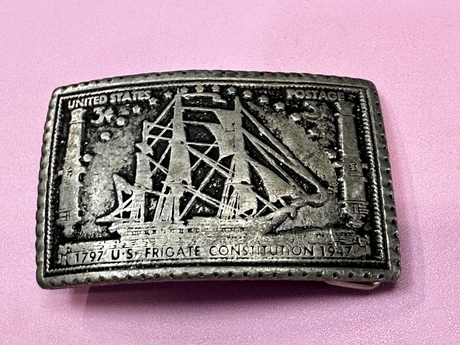 1797 US Frigate Constitution 3 cent stamp Commemorative pewter Belt Buckle