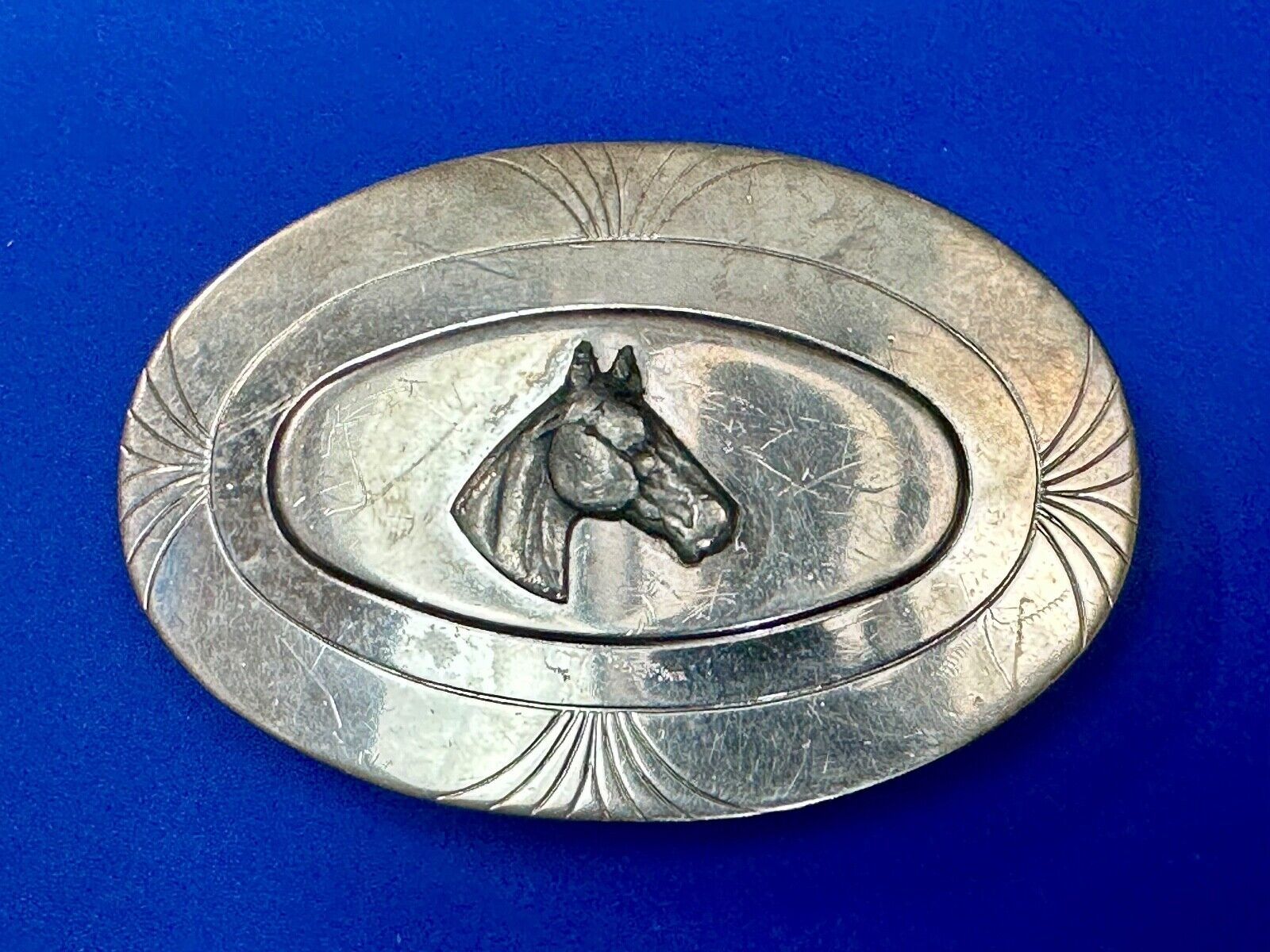 Vintage Horse Head Nickel Silver Oval Belt Buckle by The LynTone Company