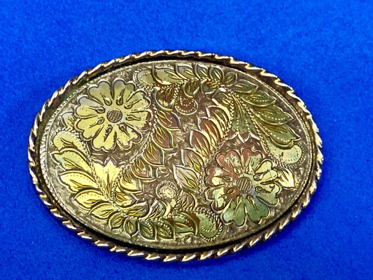 Vintage Etched? Mixed Metal Western flower oval belt buckle marked W 