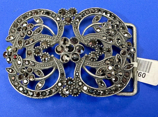 Black rhinestone accented metal flower pattern NOS Funky Junque belt buckle