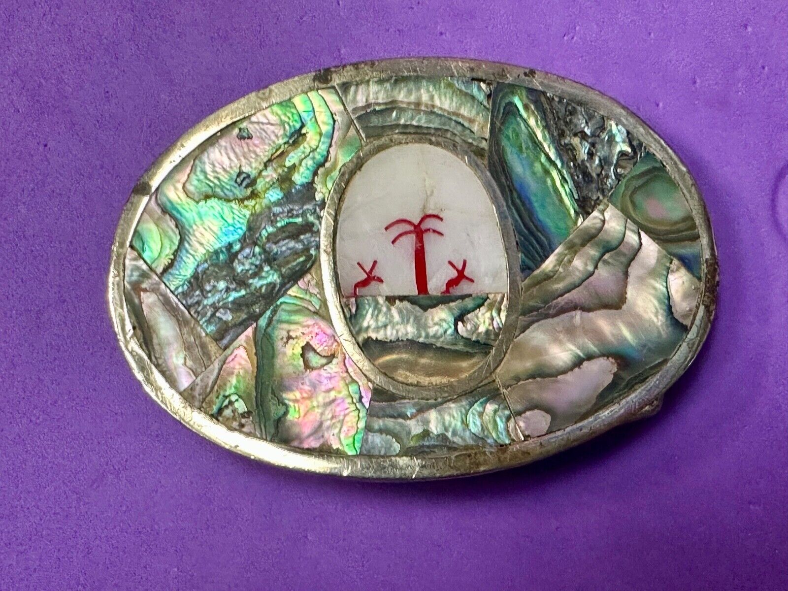 Abalone Shell Ocean Theme Palm Trees  3.5" wide Oval belt buckle from Mexico
