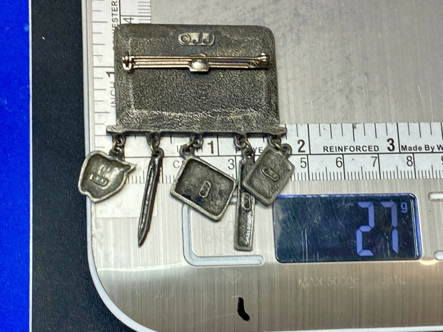 VINTAGE *J.J.*PEWTER MATH TEACHER CHALKBOARD BROOCH PIN W/THEMED FIGURAL DANGLES