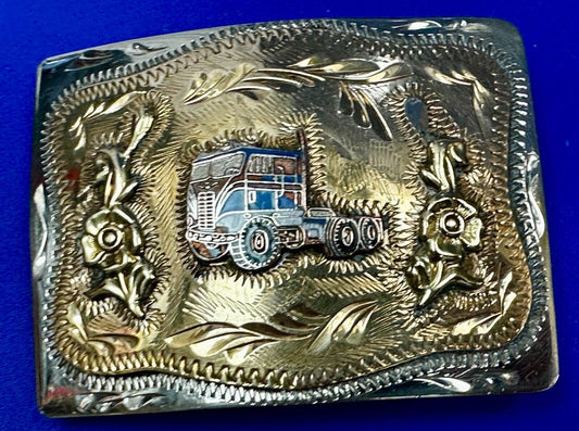 Beautiful custom Semi Drivers western two tone engraved accent Belt Buckle