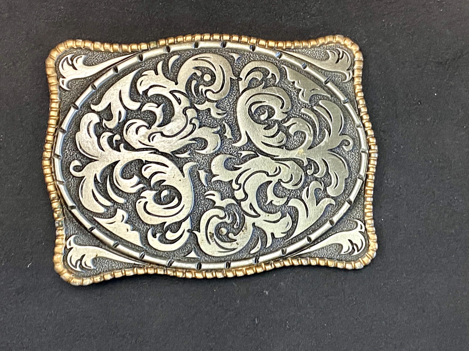 Vintage 1980S **Ornamental Floral Pattern** Pewter Western Belt Buckle