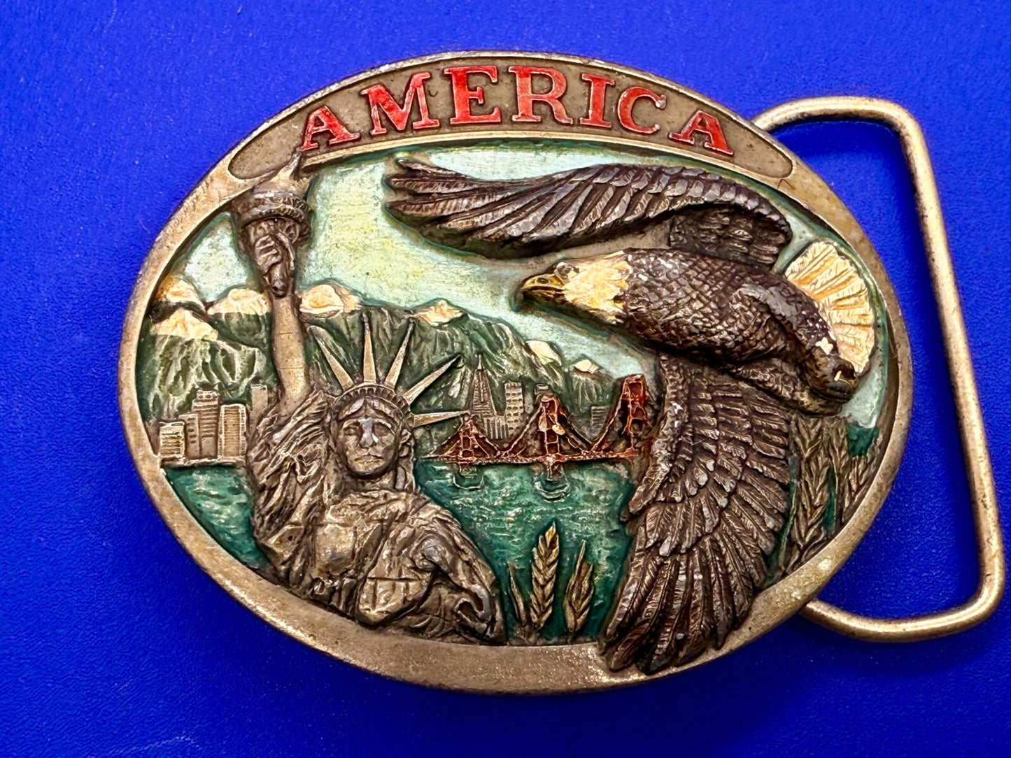 America Statue of Liberty Bald Eagle Golden State Bridge 1985 C+J Belt Buckle