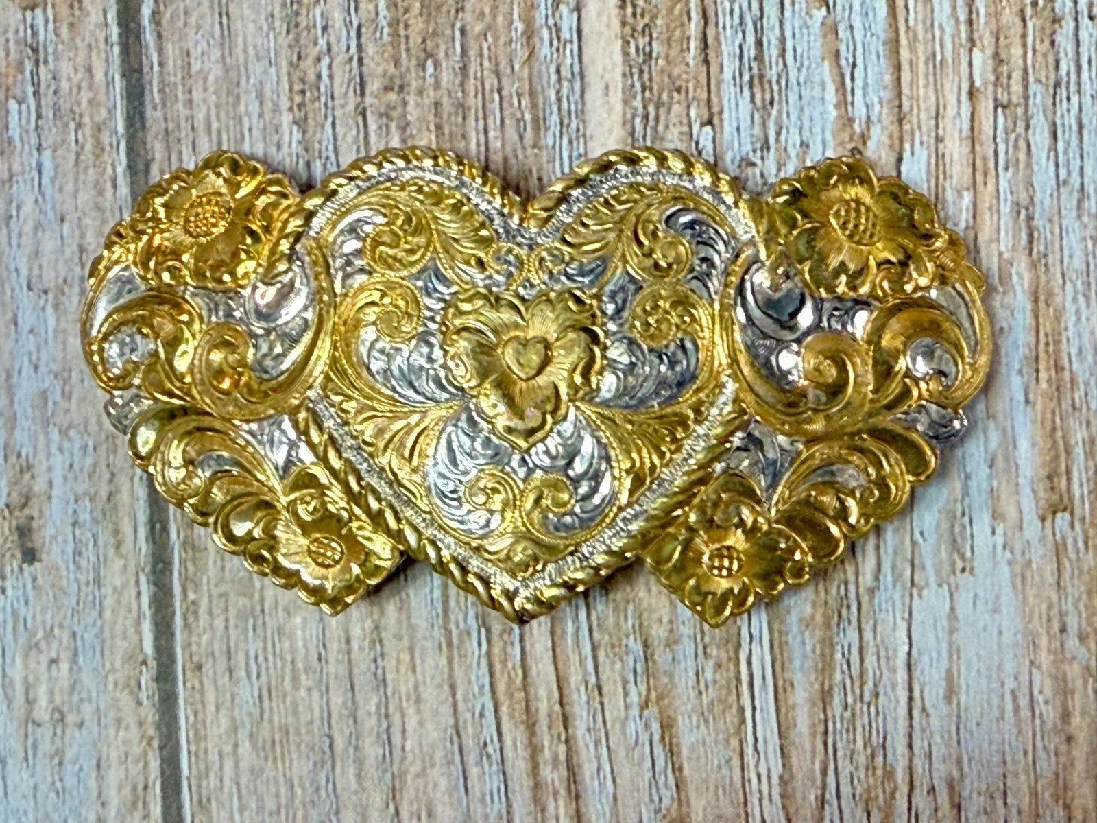 Triple Heart Shaped Heavy Silver Plate on Jewelers' Bronze Crumrine Belt Buckle