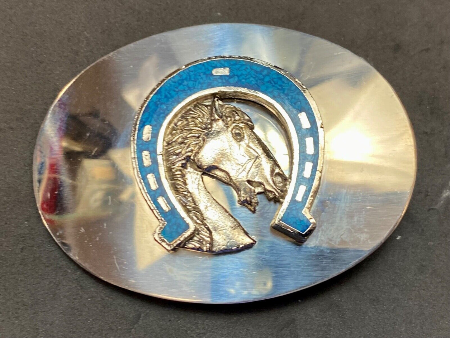 Vintage Horse head in Turquoise chip inlaid Horseshoe reflective belt buckle