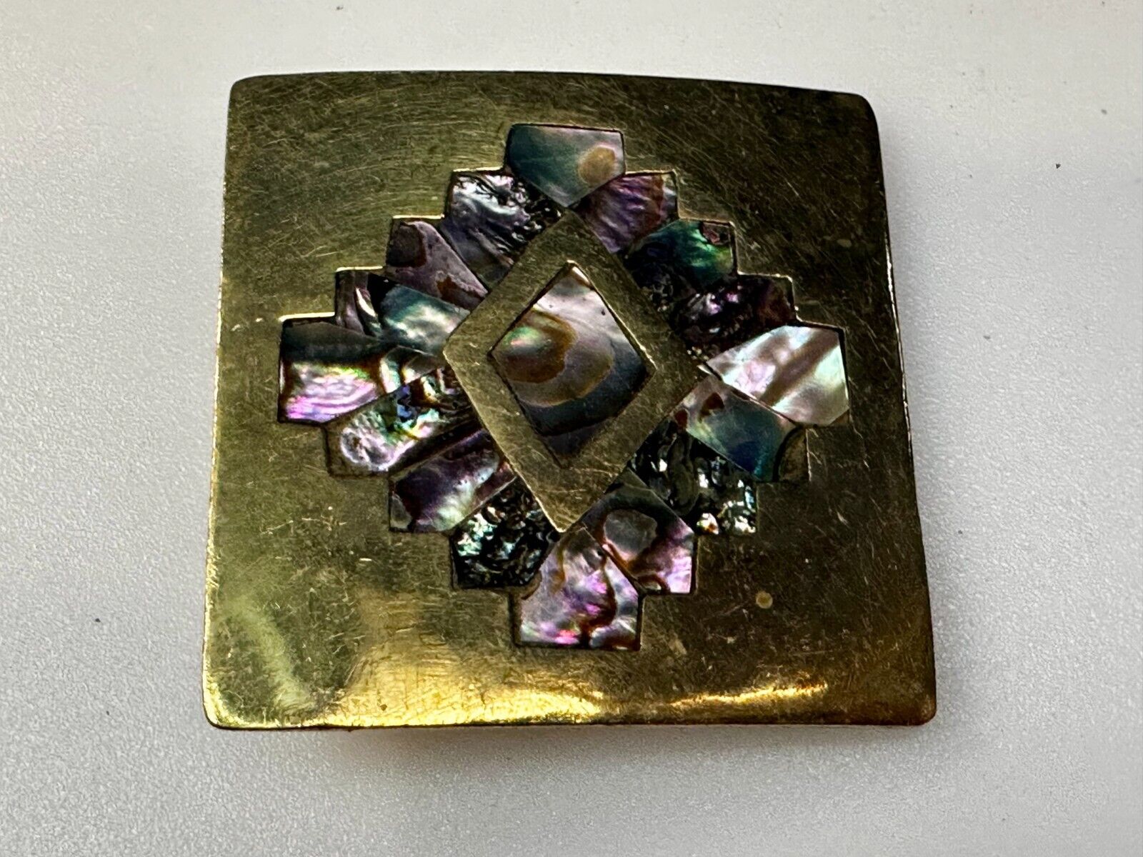 Vintage Inlaid Abalone Shell Into Solid Brass Hippy Vibe Alpaca? Belt Buckle