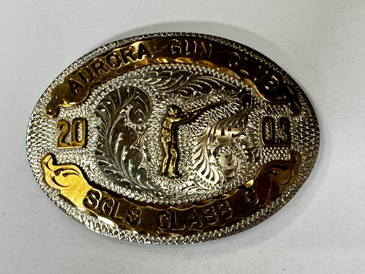 Aurora Gun Club Singles Class C 2003 Defensive Pistol Trophy Award Belt Buckle