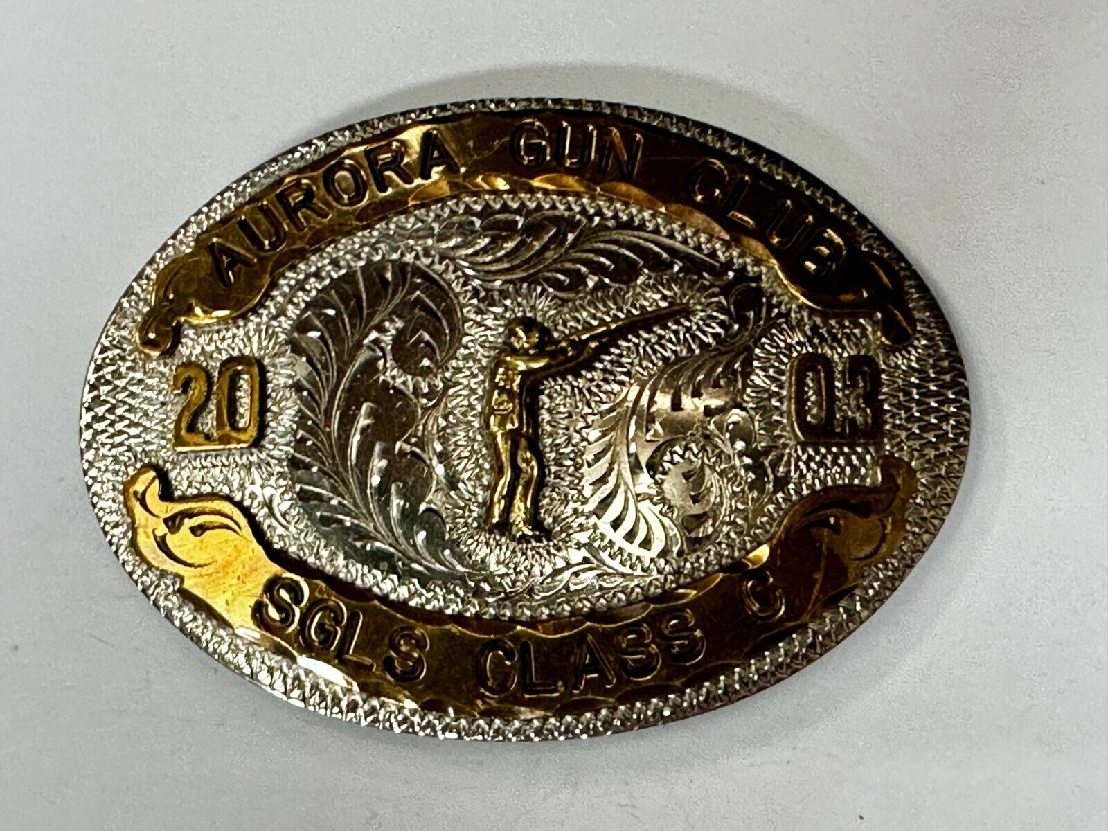 Aurora Gun Club Singles Class C 2003 Defensive Pistol Trophy Award Belt Buckle