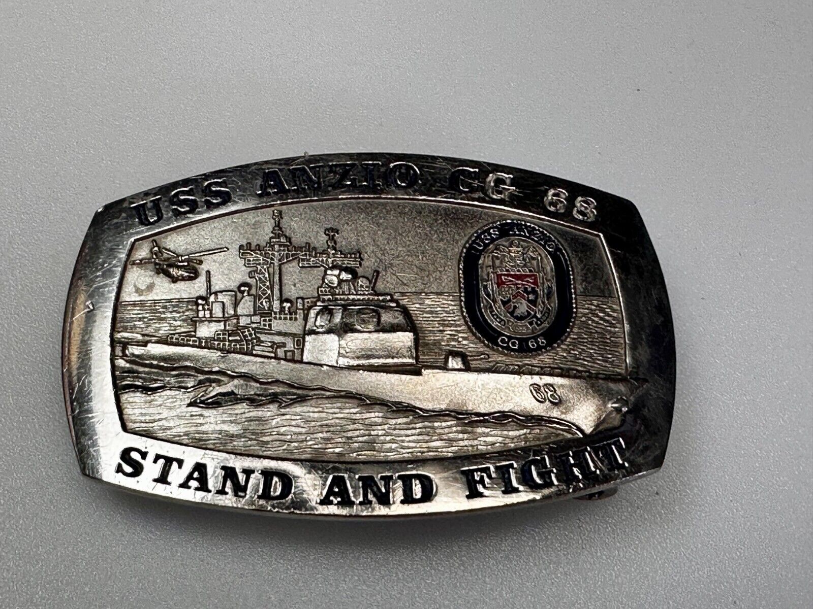 U.S.S. Anzio CG 68 Missile Cruiser Ship Stand and Fight US Navy Vtg. Belt Buckle