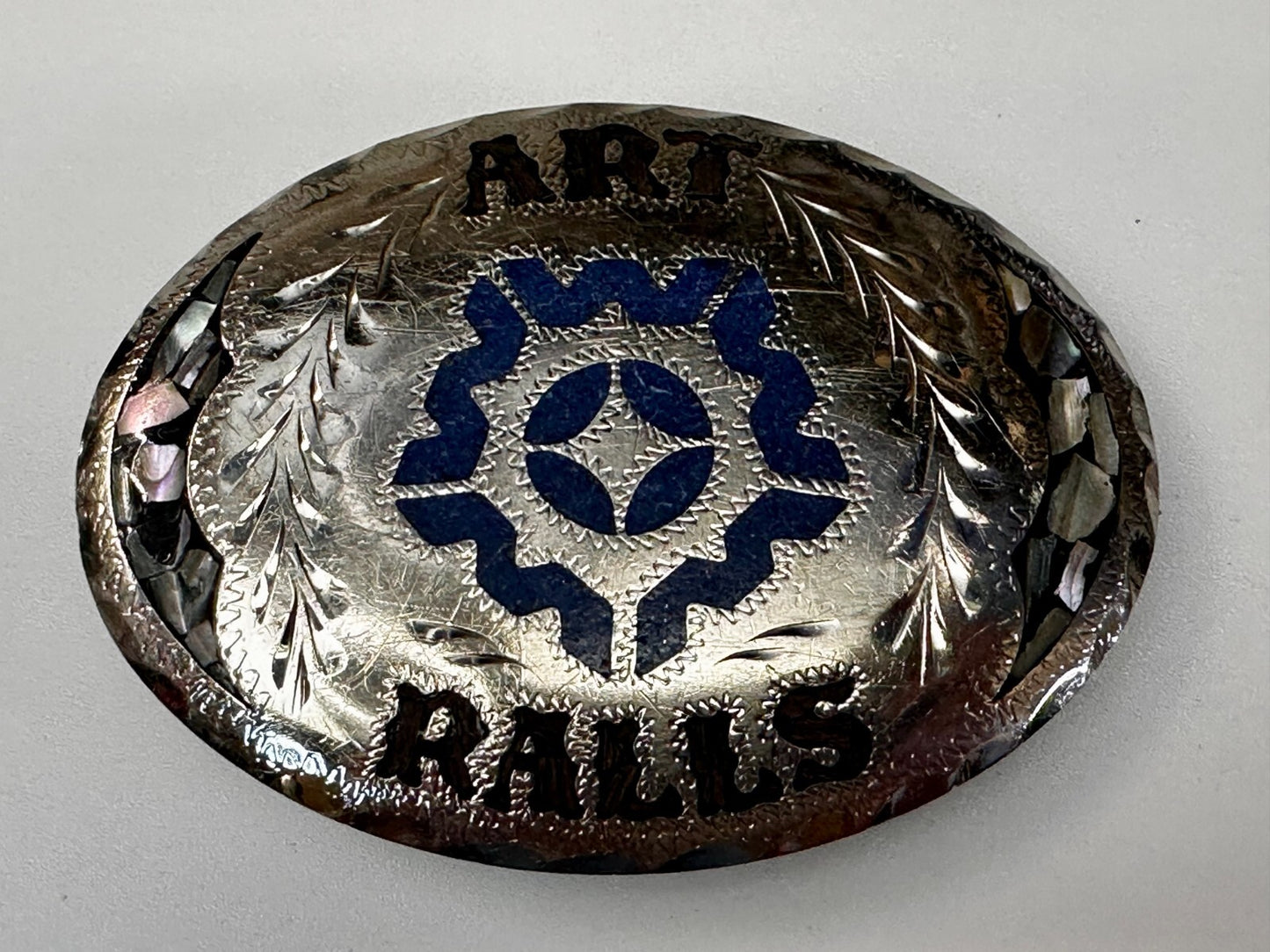 Art Ralls Abalone Shell Chip Inlaid Native American Indian Artisan Belt Buckle