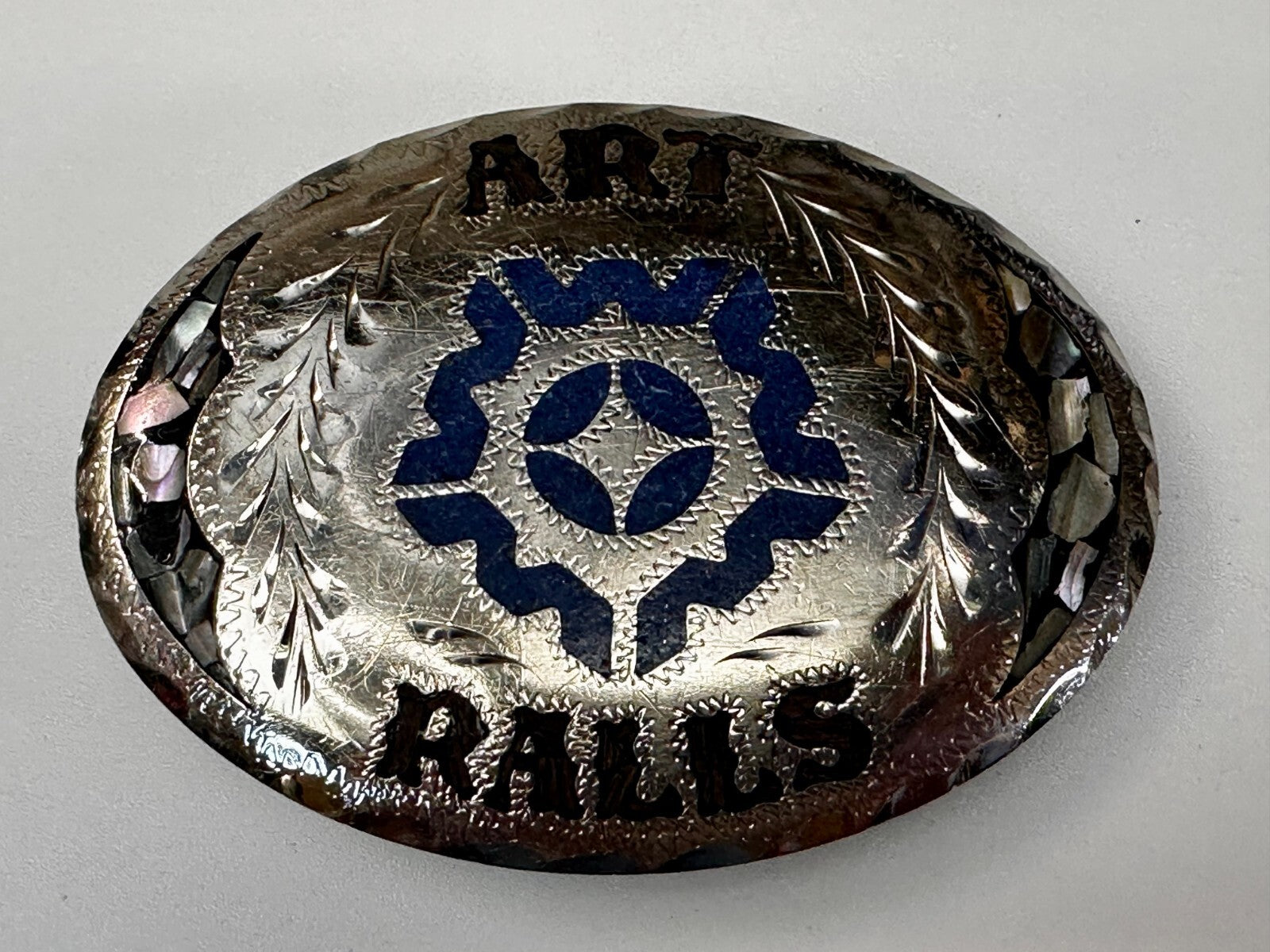 Art Ralls Abalone Shell Chip Inlaid Native American Indian Artisan Belt Buckle