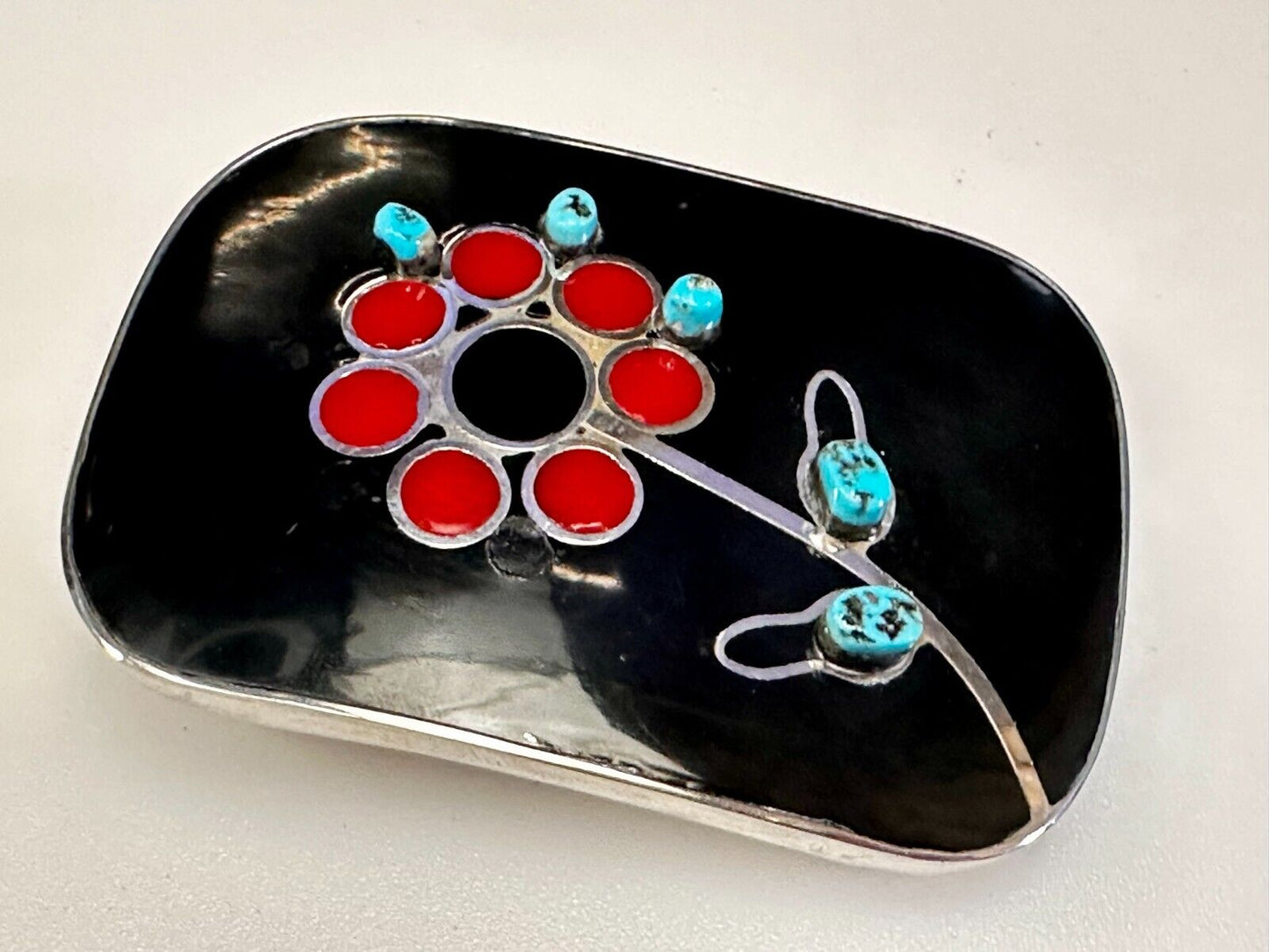 Turquoise Stone Floral Theme Native American Indian Artisan Silver Belt Buckle