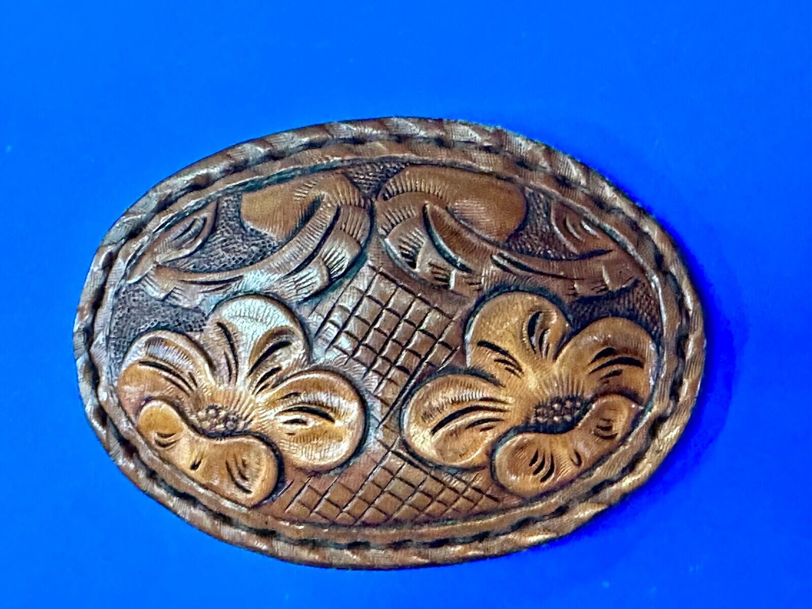 4" wide brown leather floral theme hand stitched artisan belt buckle